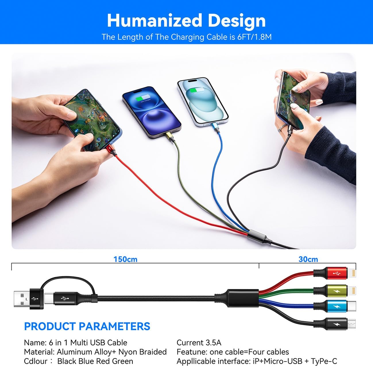 6 in 1 Multiple Charging Cable,USB A/C Universal Charger Cable 2 Pack 6Ft | Multi Chargers Cord for All Devices, Lightning/Type C/Micro USB Ports for iPhone 17 16 15 14 13/Galaxy/Tablets/PS,Car,Office