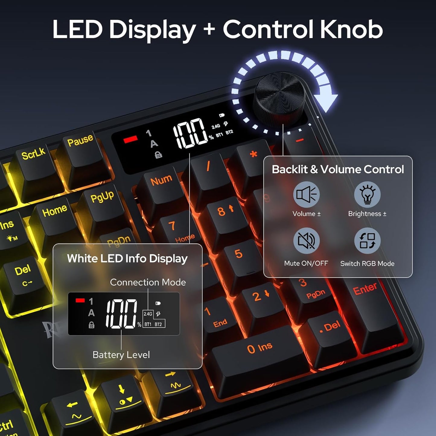 Redragon K526 PRO Wireless RGB Membrane Gaming Keyboard, LED Screen & Knob | See Battery, Mode & Time at a Glance, 0-Delay Tri-Mode, One-Touch Backlit & Media Adjust, 26-Key Anti-Ghost for Combo-Strike