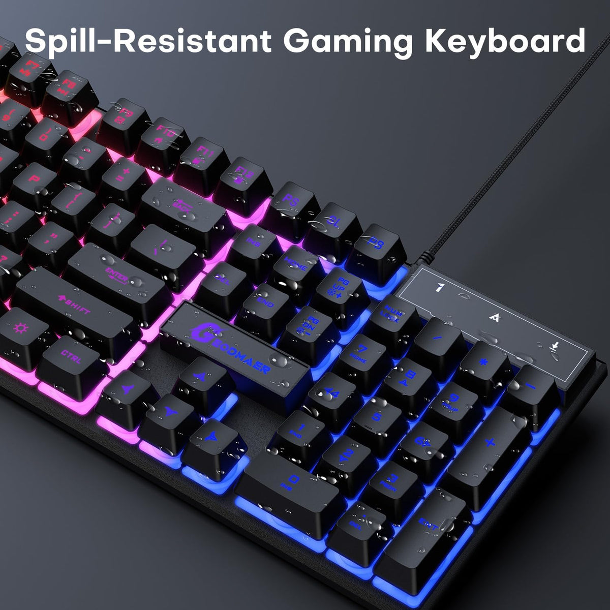 GEODMAER 104 Keys Gaming Keyboard, Full Size LED Backlit Wired Keyboard with Multimedia Keys, Anti-Ghosting, Spill-Resistant Membrane Gaming Keyboard for PC Laptop