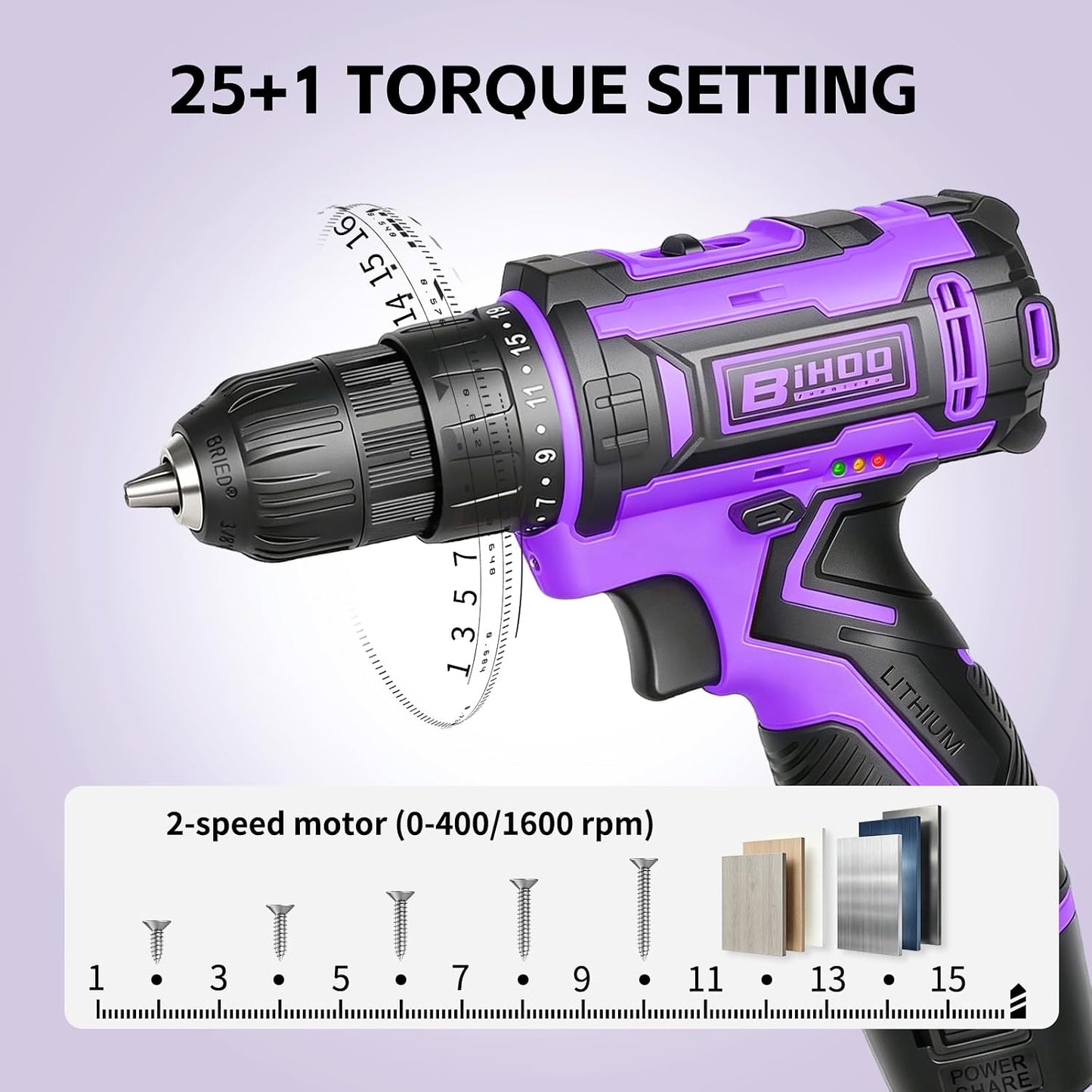 Purple 12V Cordless Drill with 3/8" Keyless Chuck for Gift for Men Women | 25+1 Torque Settings, 25Nm, 43Pcs Drill Bit Set, 0-1600 RPM Dual Speed, 2000mAh Li-ion, LED Light, Electric Screwdriver