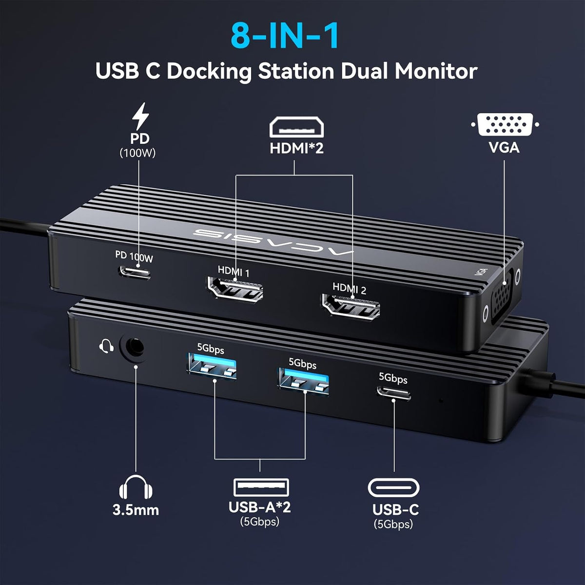 ACASIS USB C Docking Station Dual Monitors,8-in-1 Laptop Docking Station with Dual Monitor 2*HDMI +VGA +3 * 5G USB-A/C+3.5MM Audio+PD100W, Laptop Dock for Dell/HP/Lenovo ThinkPad（Black）