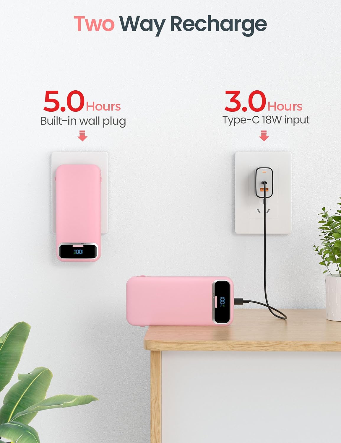 aonidi Portable Charger 12000mAh with Built-in Cables&AC Wall Plug, Pink | PD20W USB C Fast Charging,LED Display External Travel Power Bank,TSA approved Battery Pack for All iPhone,Samsung,Android