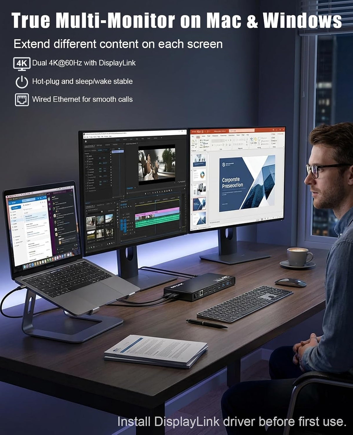 WAVLINK Displaylink Docking Station Dual 4K@60Hz Monitor for Mac, Windows