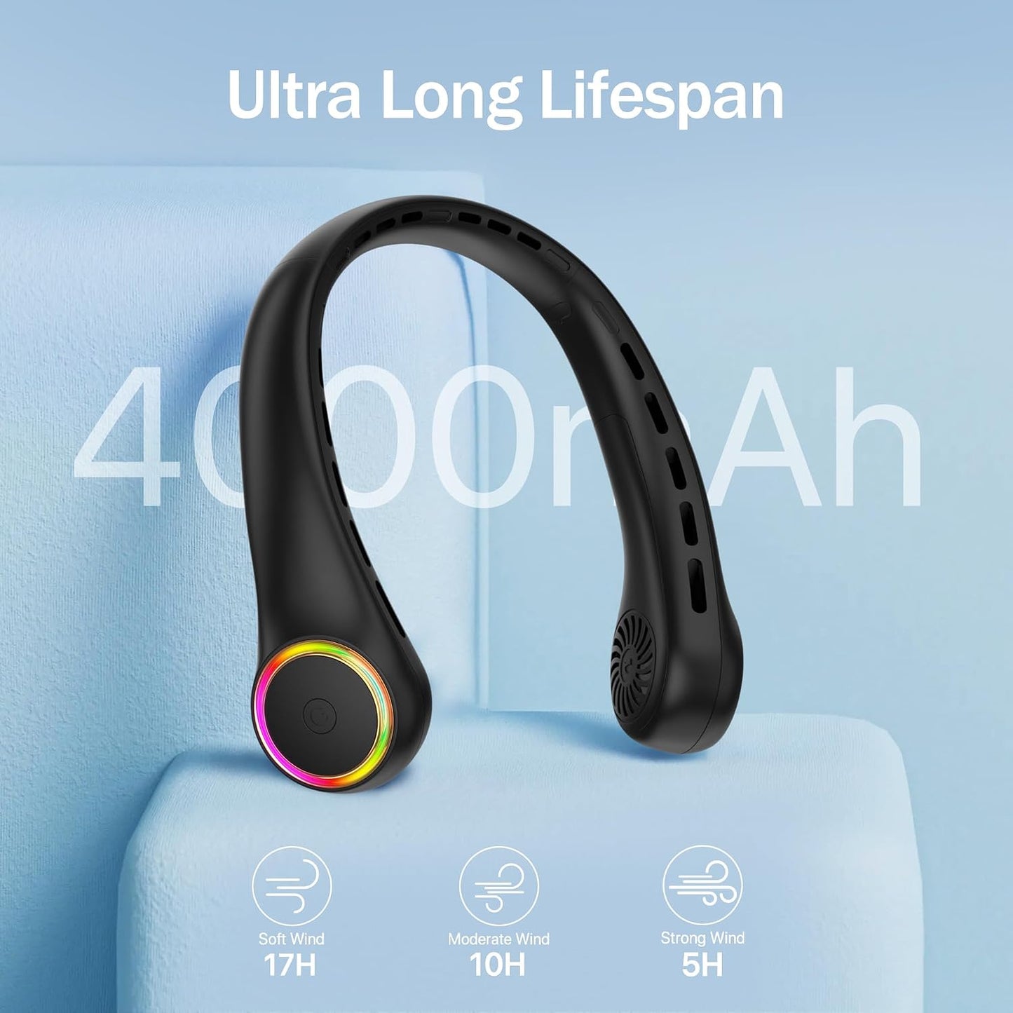 Neck fan, Portable Fan with 5-17H Lifespan, 4000mAh Neck fan air conditioner with 3 Adjustable Speeds and 64 Cool Lights, Rechargeable Neck Fan, Hands-Free Cooling fan for Summer (Black)