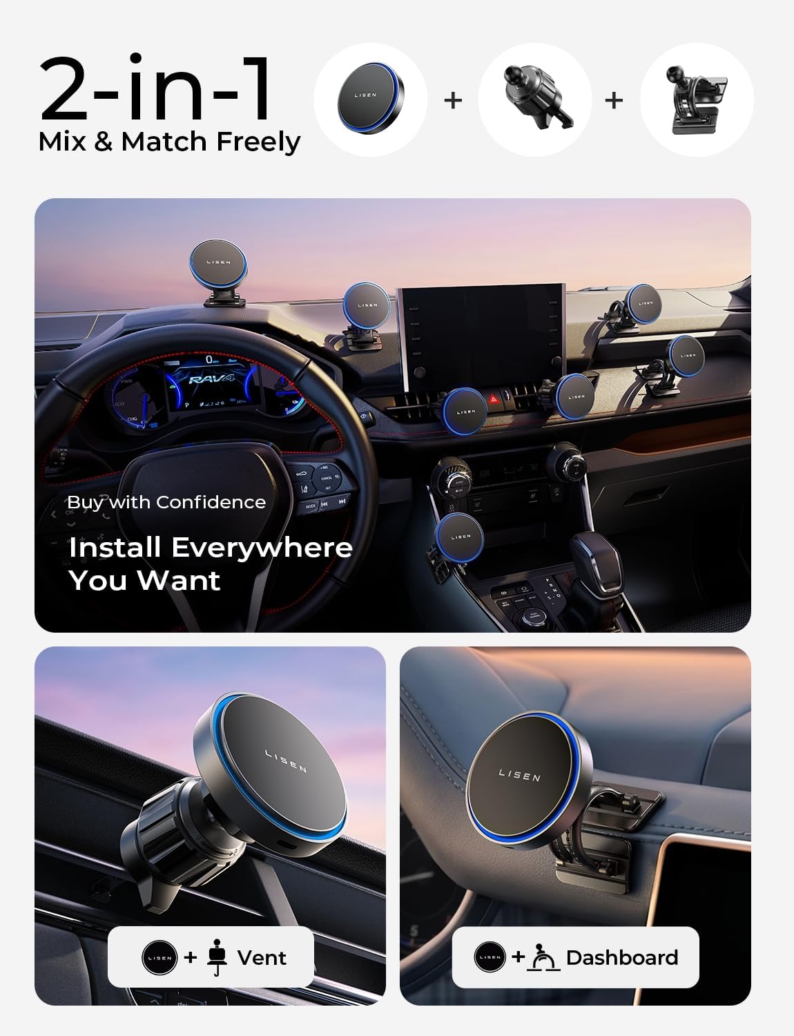 LISEN 15W MagSafe Car Mount Charger, Magnetic Phone Holders for Your Car | [Dual Mounting Type for 99% Vehicles] Magsafe Car Mount,15W Magnetic Wireless Car Charger Car Accessories for iPhone 17-12