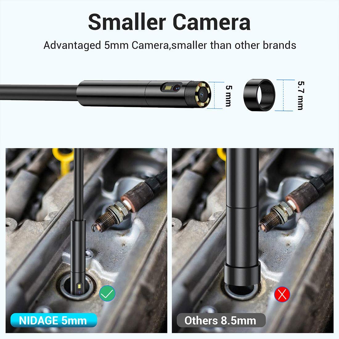 Dual Lens Endoscope with Light, 5.0mm Slim Snake Inspection Camera | 1080P HD Borescope for Android & iOS Tablet, IP67 Waterproof, 5FT Cable, Photo & Video, for Engine Wall Vents Automotive Tool