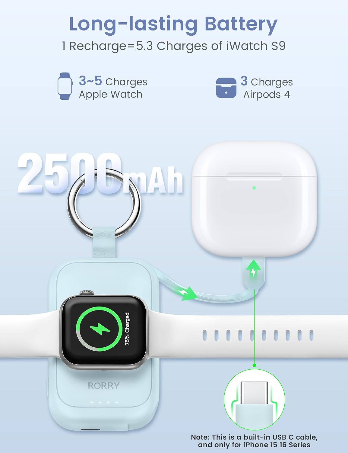 RORRY CharmGo for Apple Watch Charger, 2500mAh Portable Charger for iWatch | Fast Charging Travel Keychain Charger with Built-in USB C Cable for Apple Watch Ultra Ultra Series 11 10 9 8 7 6 3 2