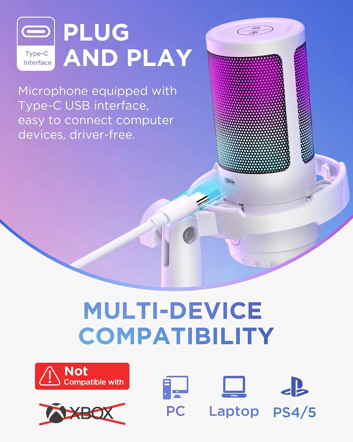 InnoGear USB Gaming Microphone for PC Boom Arm Condenser Mic Set, White | One-Touch Mute, Interruption-Free, Adjustable Boom Arm, Zero-Latency Monitoring, Work with Xbox, Changeable RGB Modes