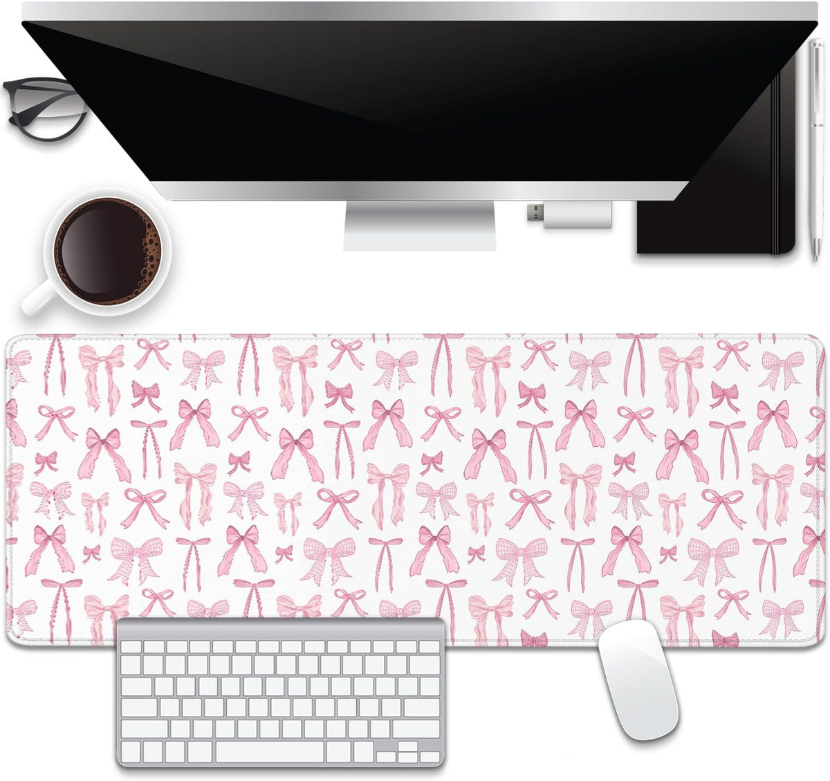 Pink Bow Desk Pad Mouse Pad,Large XL Mouse Mat with Stitched Edges,Non-Slip Rubber Base Mousepad for Office PC Keyboard Laptop and Home Work Desk Mat(31.5X11.8 in)
