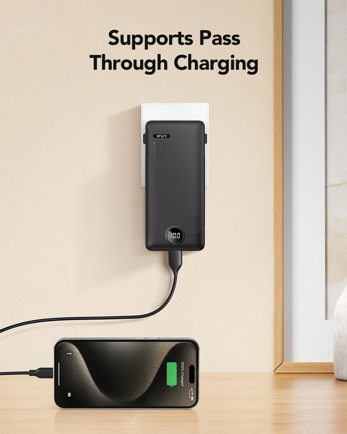 VRURC Portable Charger, Power Bank Built-in Cables and AC Wall Plug | USB C Portable Bank 10000mAh,Travel Essentials Phone Charger Compact External Battery Pack for Smart Phones,Tablets-Black