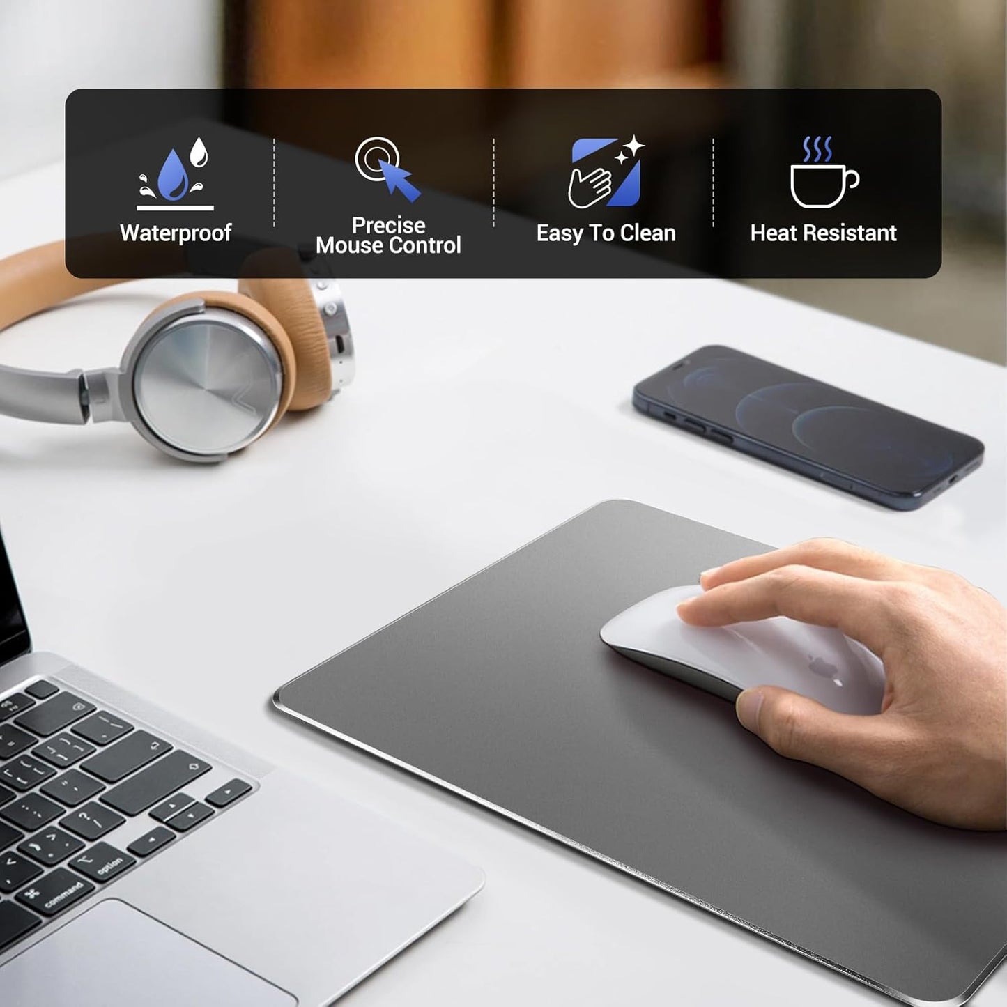 HONKID Metal Aluminum Mouse Pad for Magic Mouse & Pro/Air 9.05" x7.08 Gray | Office and Gaming Thin Hard Mouse Mat Double Sided Waterproof Fast and Accurate Control Mousepad for Laptop, Computer and PC