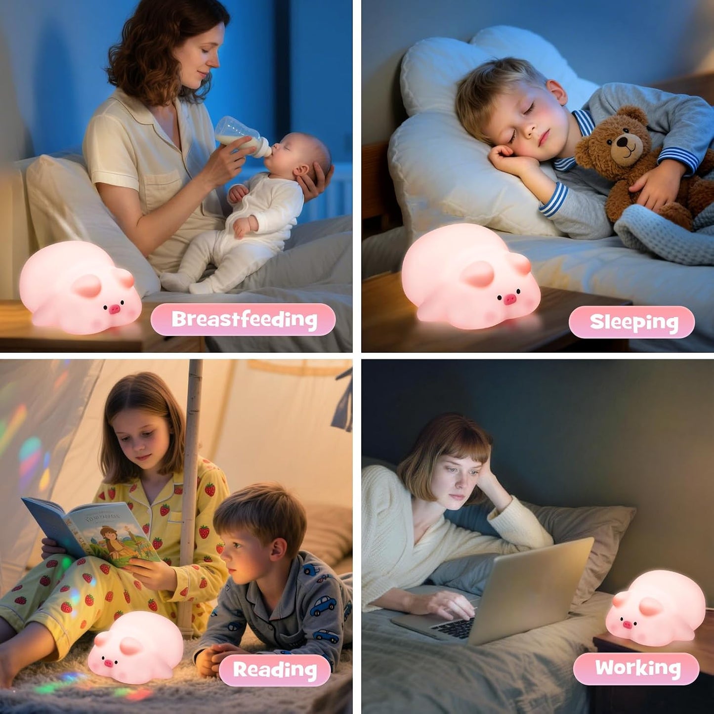 Squishy Pig Night Light 3 Brightness Adjustable Cute Lying Flat Piggy Light with Timer Nursery Breastfeeding Nightlight Rechargeable Silicone Touch Bedside Animal Lamp for Home Bedroom Dorm Decor