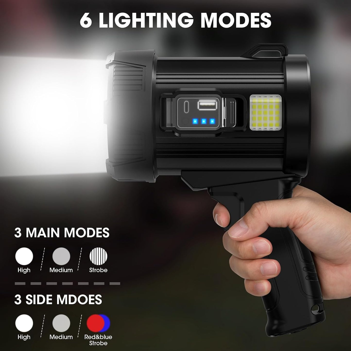 Kmivo Rechargeable Spotlight, 2,000,000 Lumens Super Bright Handheld Led Flashlight, Outdoor Spot Light with Cob Light and Solar Panelsfor Boating Camping