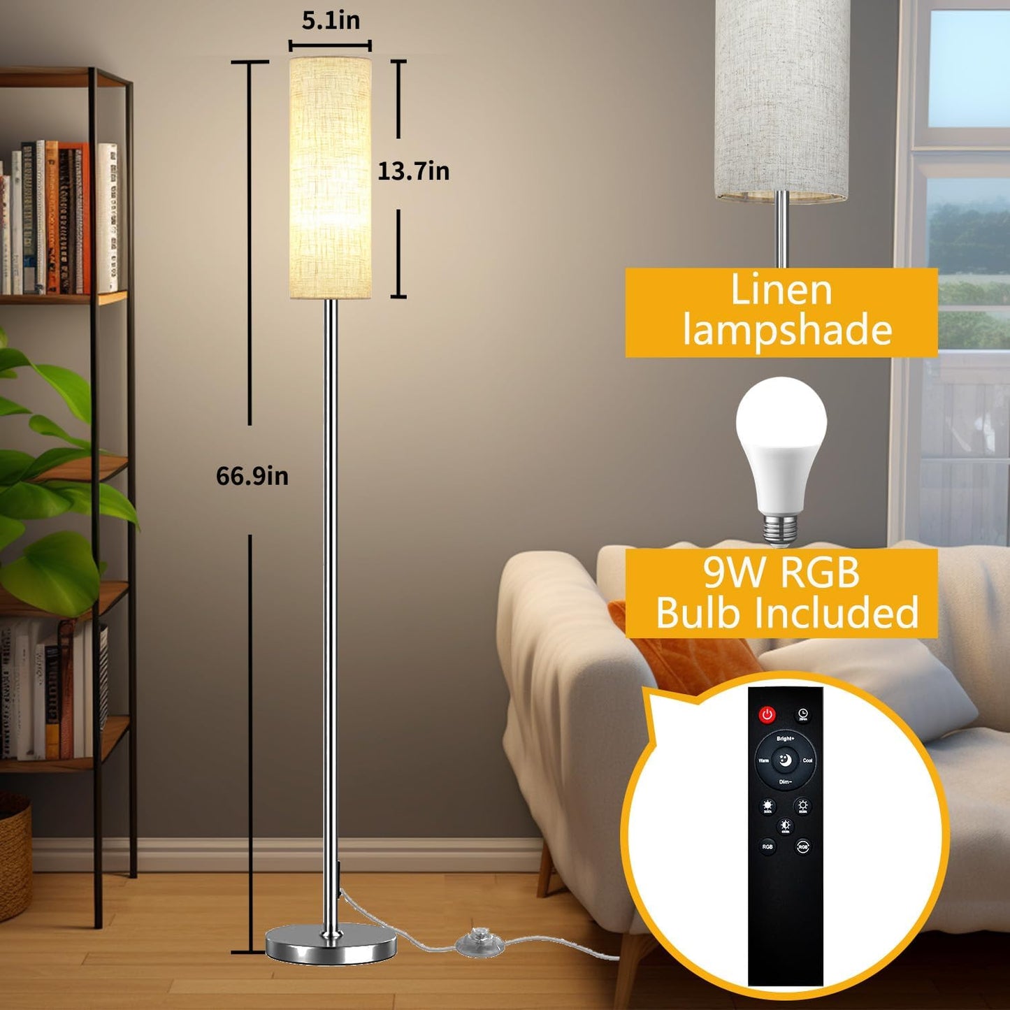 Qaubauyt Smart LED Floor Lamp with APP Control & RGB Colors - Dimmable Standing Lamp for Living Room, Bedroom, Gaming - Remote, Timer, 9W Bulb Included, 67" Modern Tall Lamp (Silver Beige)
