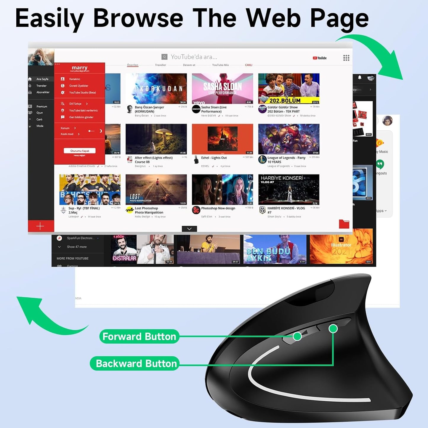 Ergonomic Vertical Wireless Mouse Stylish Rechargeable 2.4G Optical Mice Cordless Mouse with USB Receiver, 800/1200 /1600 DPI, 5 Buttons for Laptop,PC,Mac,Computer (Black)