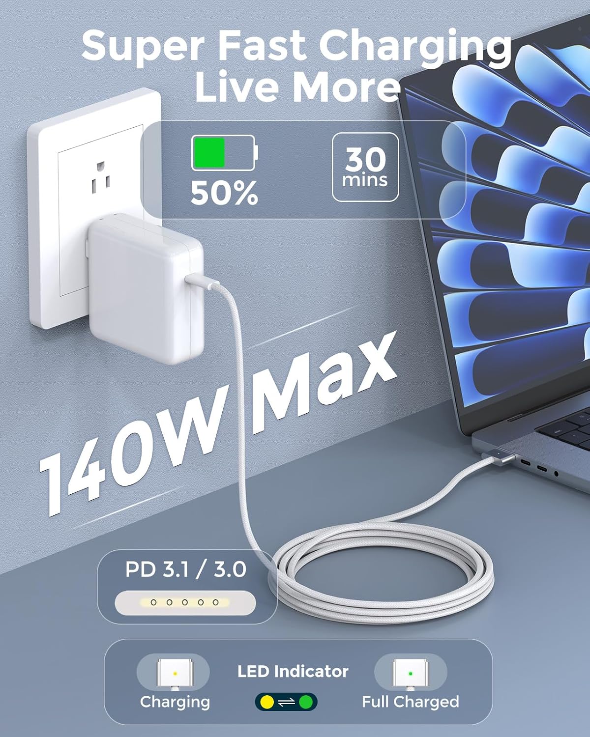 USB C to Magnetic 3 Charger Cable for MacBook Air 13.6 15 inch Mac Pro 14 16 M5 M4 M3 M2 M1 2026 2025 2024 2023 2022 2021, Braided Cord & LED, Powerful Magnetic, Super Durable, Original Quality 6.6FT