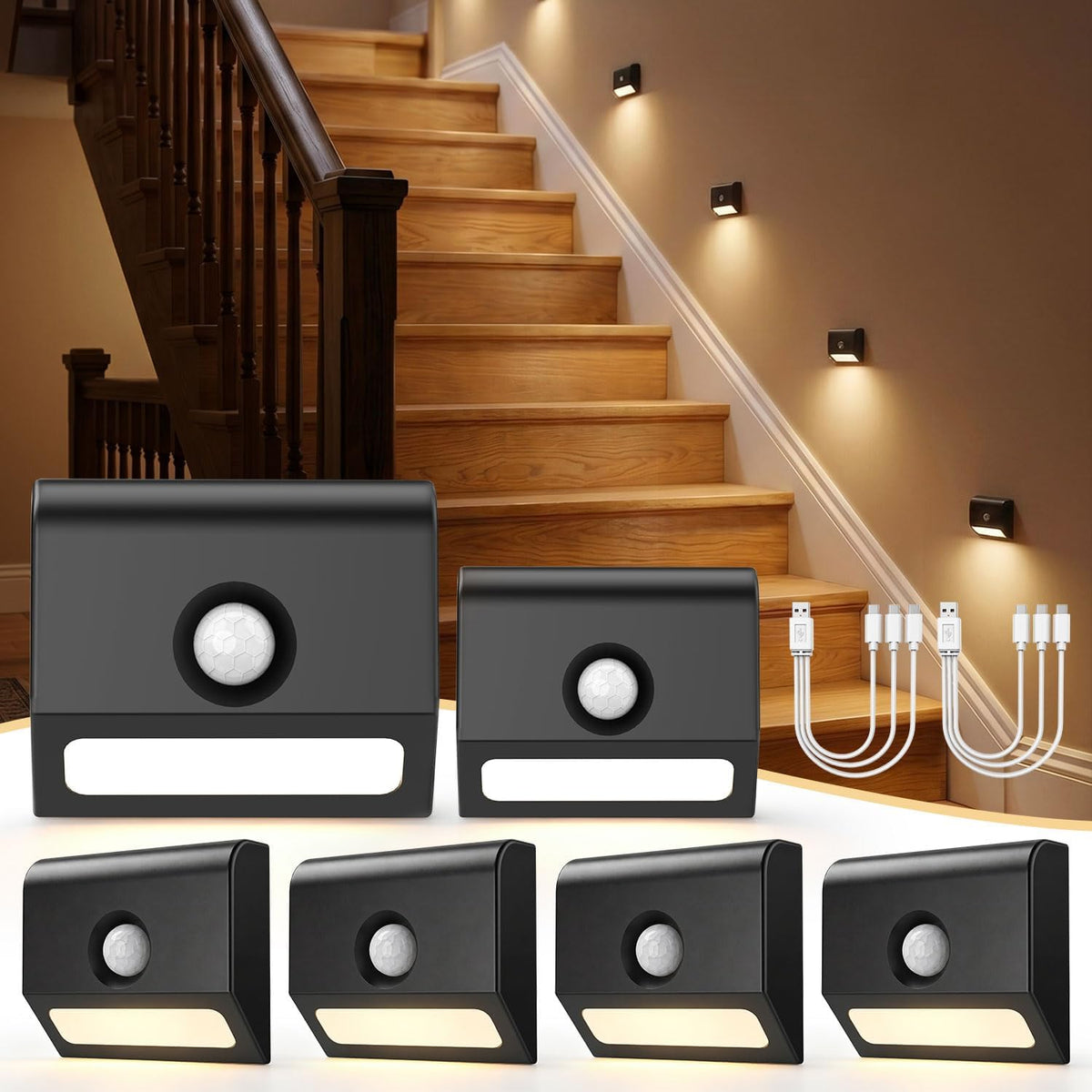 Sujeet Motion Sensor Stair Lights Indoor, 6 Pack Rechargeable Stairway Lights with Glare-Free Downward Glow, 2-Month Battery Life, 3 Color Temperatures, Adjustable 15s/30s Timer, Magnetic Step Lights