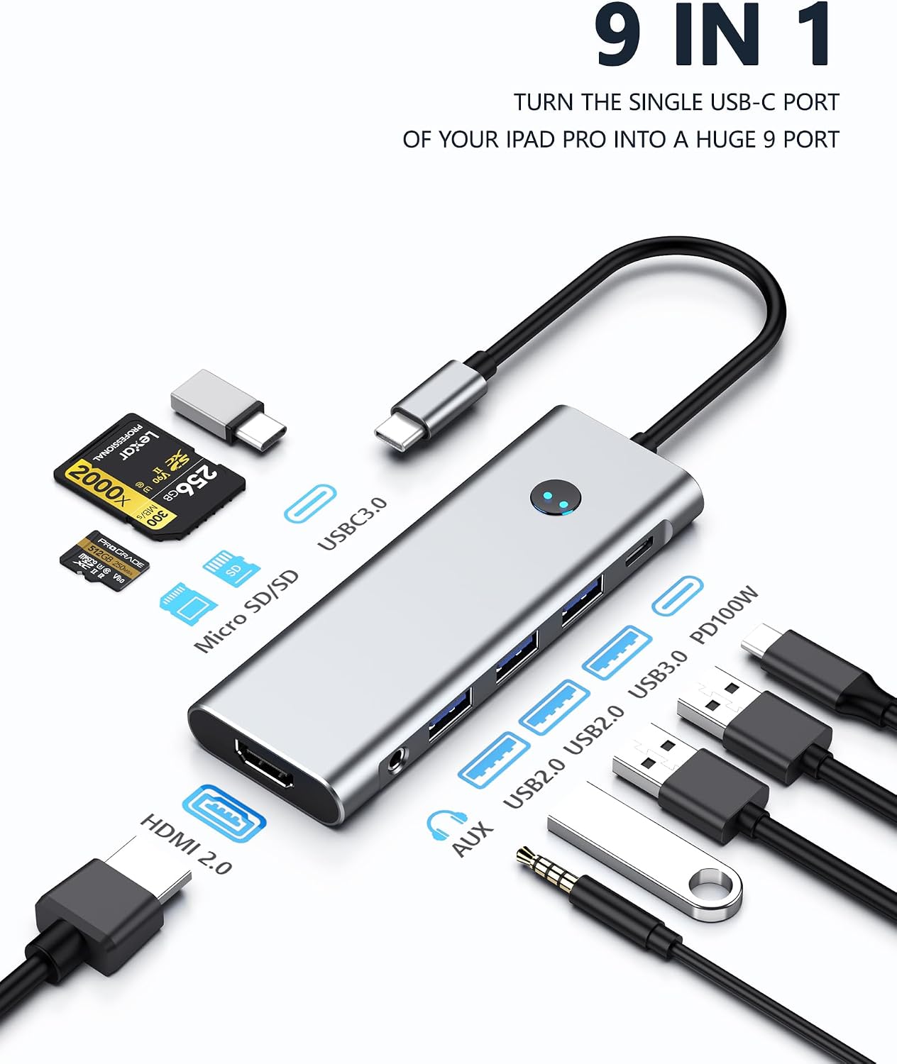 USB C HUB for iPad Pro Adapter Multiport Docking Station 4K 60Hz HDMI, 100W PD, SD/TF Card Reader, 3 USB A, 3.5mm Audio Jack, 9 in 1 USB C Dock for iPad Air/Galaxy Dex/Tablet/MacBook/iPhone/HP/Dell