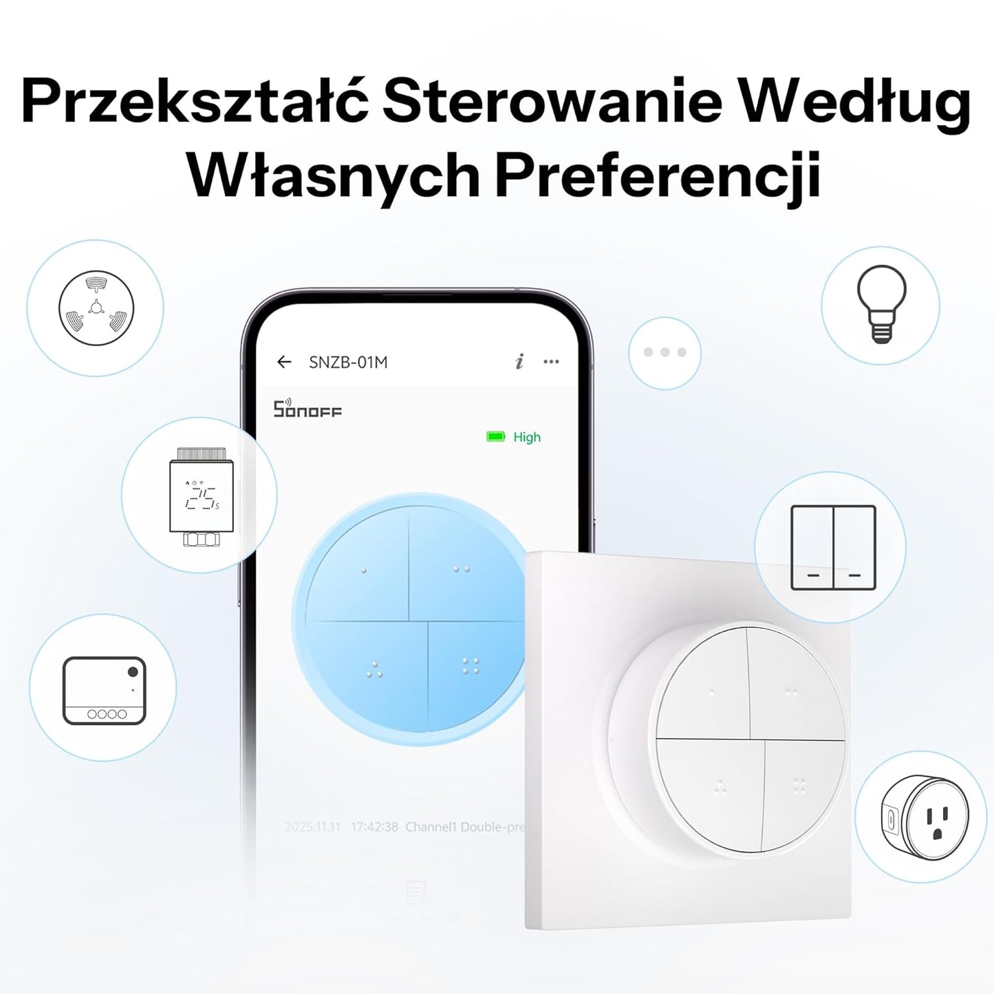 SONOFF Fusion Zigbee Smart Scene Button SNZB-01M, Wireless Switch | 16 custom actions, Zigbee Binding & TouchLink light control, compatible with Home Assistant, SmartThings, hub-required