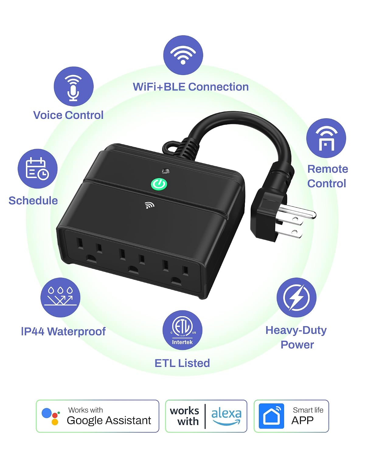 BN-LINK Outdoor Smart Wi-Fi Plug,Heavy Duty 3 Grounded Outlet Timer,2.4GHz | IP44 Weatherproof for Garden & Patio, Works with Alexa & Google Assistant, Voice & Remote Control, Schedule & Countdown