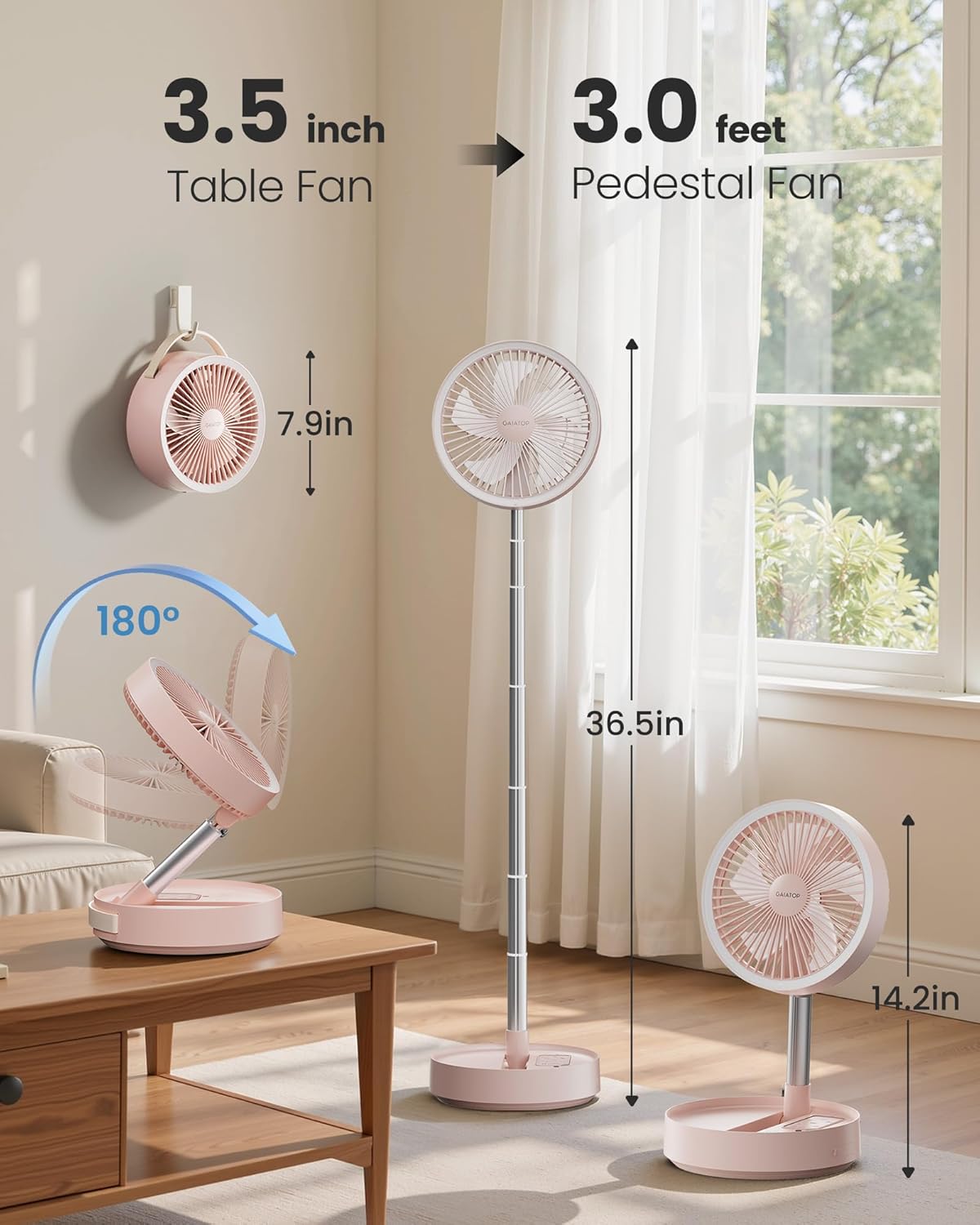 Gaiatop Portable Pedestal Fan 16000mAh Battery [Max 74h Runtime], Foldable Oscillating Standing Fan, Collapsible Desk Fans, LED Light, Case & Remote Control, 4 Speeds for Outdoor Travel Camping (Pink)