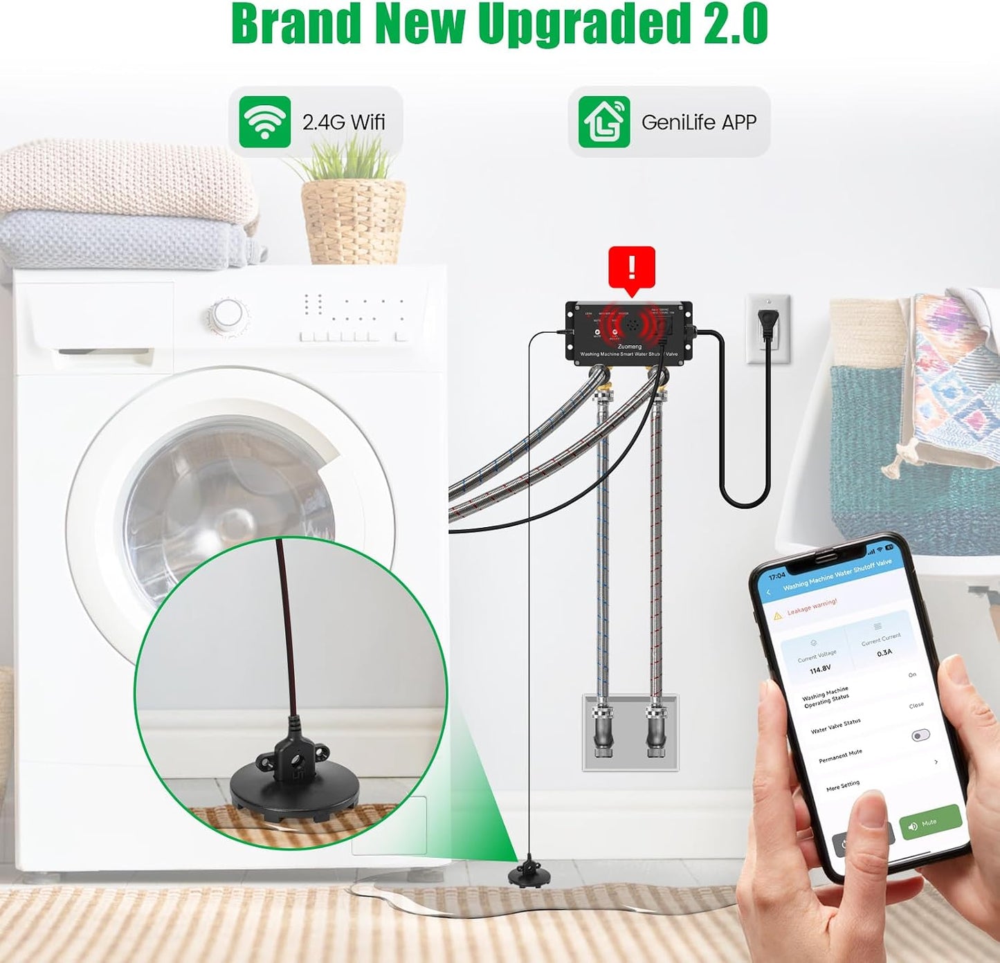 WiFi Smart Water Shutoff Valve with Leak Sensor, 3/4" Brass Valve & Extra Hose, Effortless Remote Control and Real-Time Water Leak Alerts via App