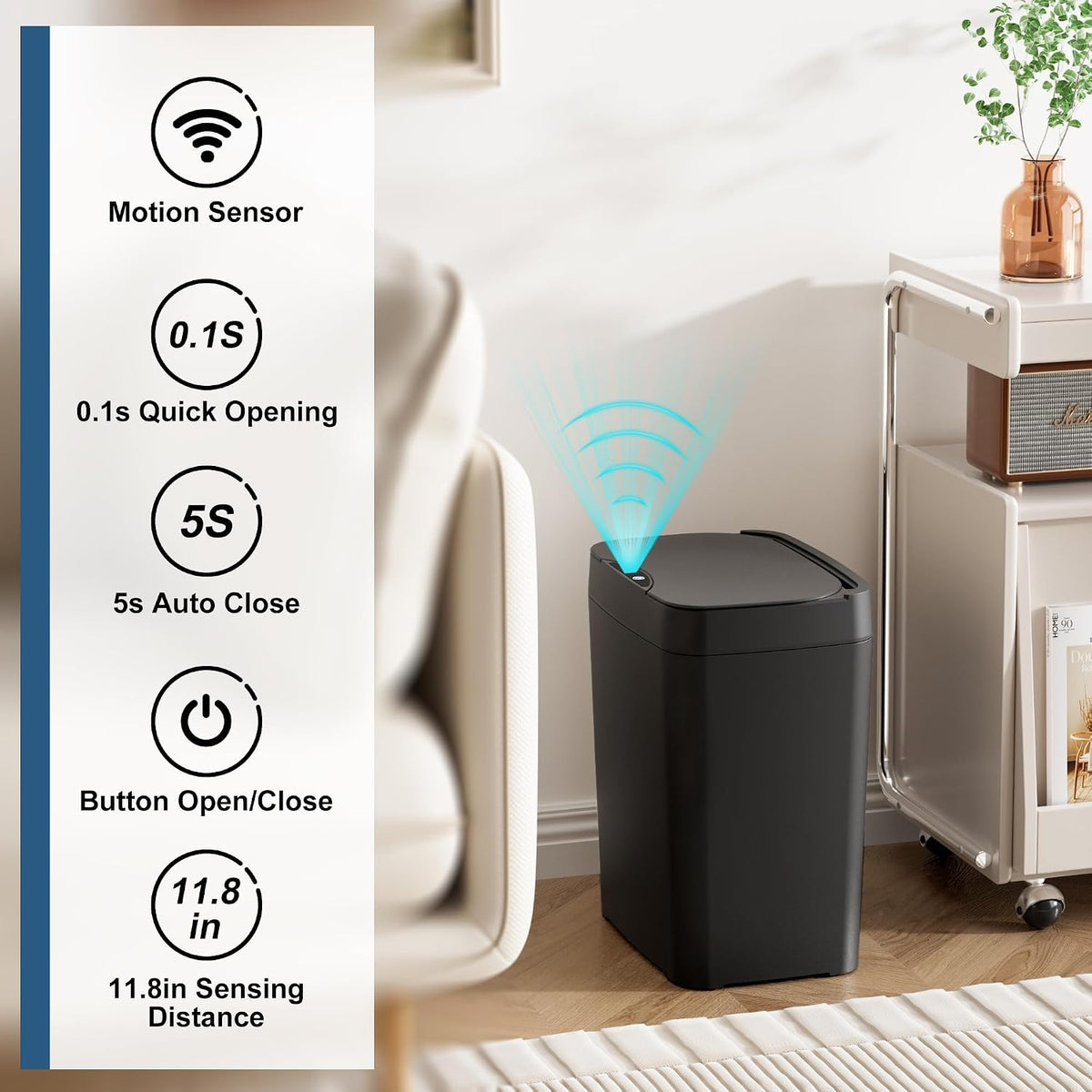 Vanpopubs 2 Pack 2.7 Gal Bathroom Trash Can with Lid, Automatic Trash Can Small Smart Garbage Can Touchless, Slim Motion Sensor Waterproof Plastic Trash Bins for Bedroom Office Kitchen Toilet Black