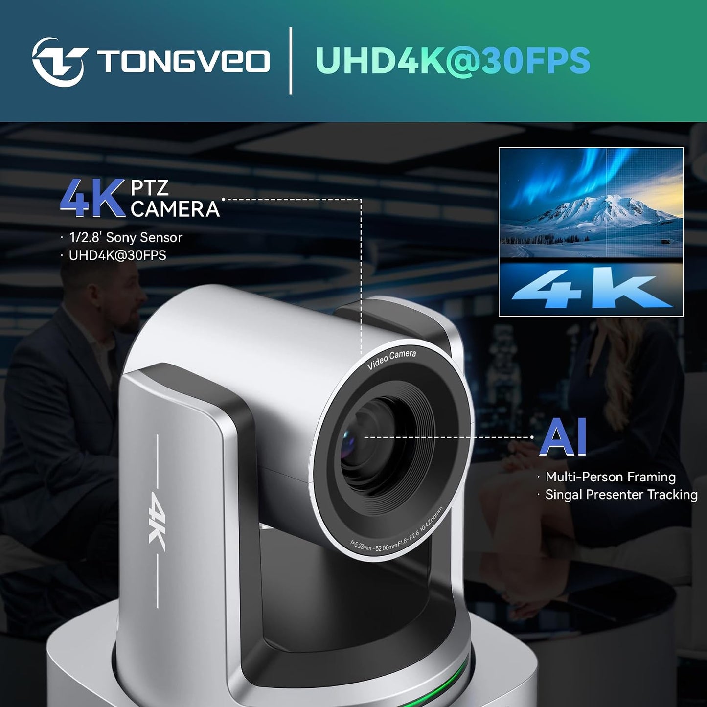 TONGVEO AI 4K PTZ Camera with Auto Tracking, 10X Optical Zoom Video Conferencing Camera, HDMI & USB 3.0 Plug and Play Webcam for Zoom, Teams, Church Worship, Live Streaming, Education