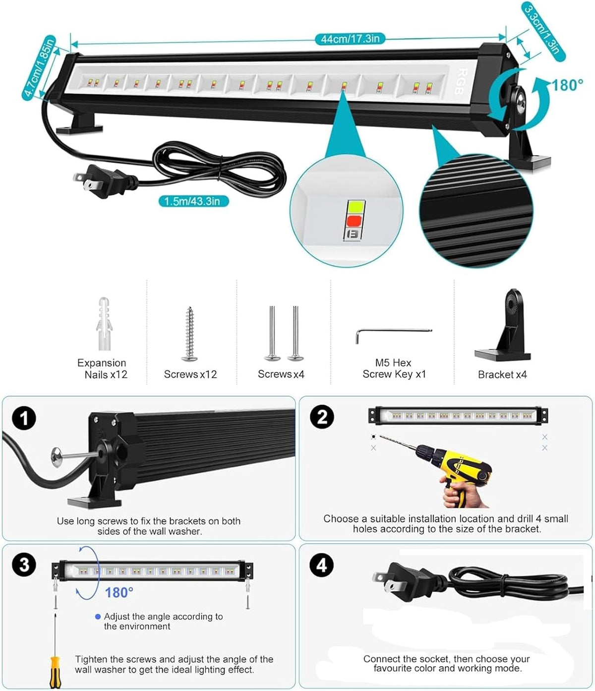MEIKEE 42W RGBCW Wall Washer Lights APP Waterproof LED Light Bar 4 Pack