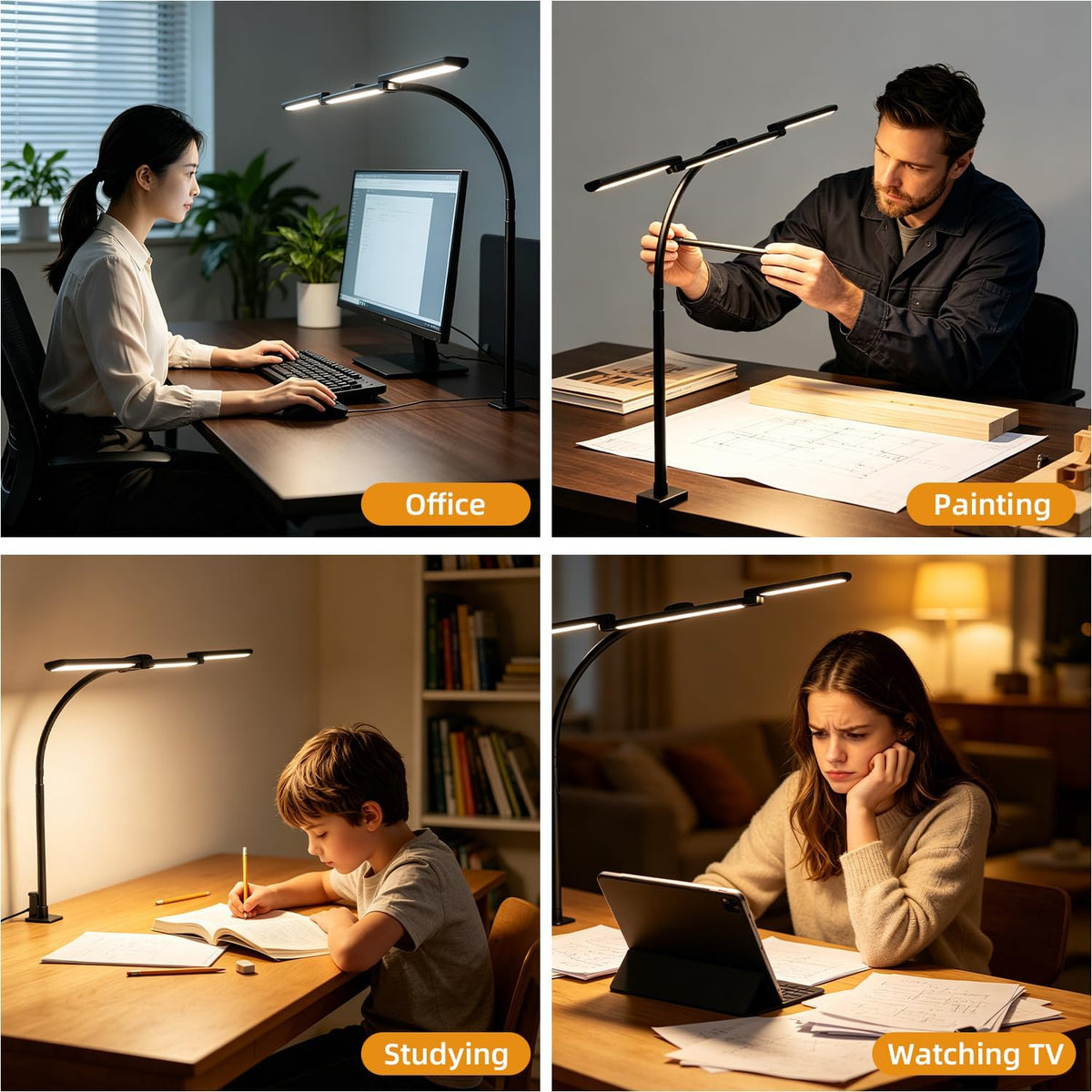 LED Desk Lamp with Clamp for Home Office, Wide Light for Dual Monitors