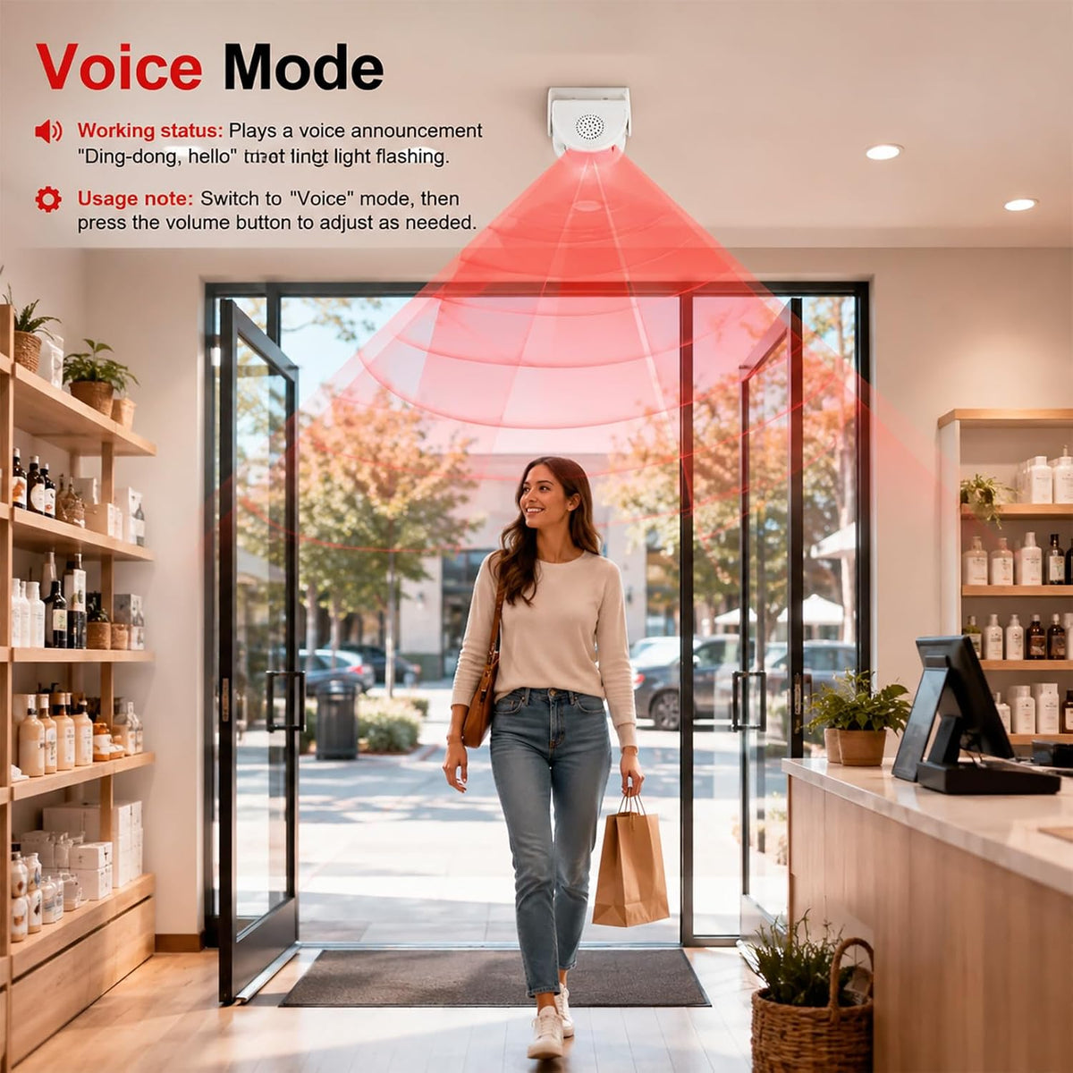 Motion Sensor Doorbell with 90dB Siren, Wireless Motion Detector Door Chime for Business When Entering, 3 Modes, 32 Tunes & 4 Volumes, Entry Alert for Home/Office/Store, with Power Adapter