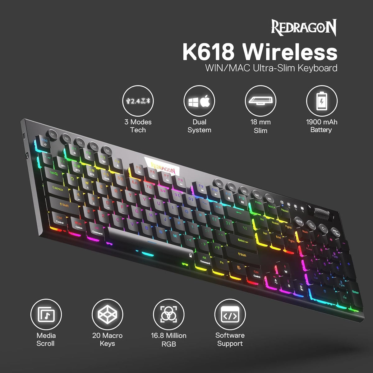 Redragon K618 PRO Wireless Ultra-Thin Gaming Keyboard, Macro &amp; Media Scroll | 0-Delay Tri-Mode, 5 On-Board Keybinding G Buttons for MMO MOBA Games, Dedicated Media Control, Easy-Switch Win/Mac Compatible