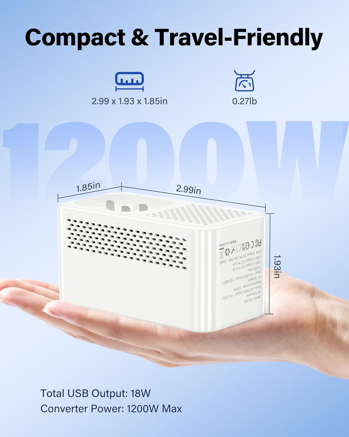 Voltage Converter US to Europe, Travel Adapter Voltage Converter to Step Down 220V to 120V, Power Converter with 2 USB-A 2 USB-C Port & UK/AU/US/IT/European Travel Plug Adapters