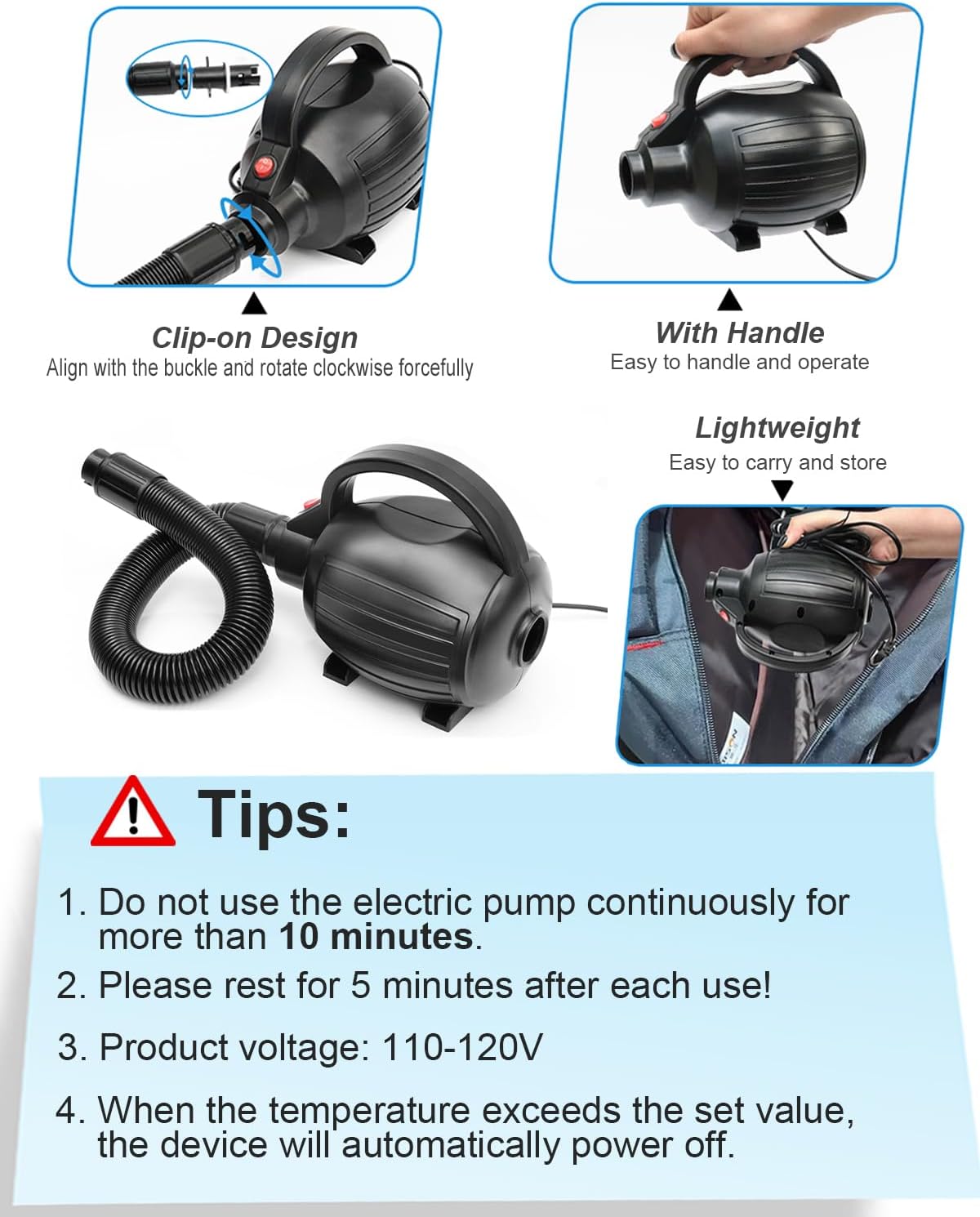 Electric Air Pumps for Inflatables Air Mattress Gymnastics Track Mat Quick Fill Inflator/Deflator for Pool Floats Dock Raft,4 Nozzles, 110-120V AC (400W)