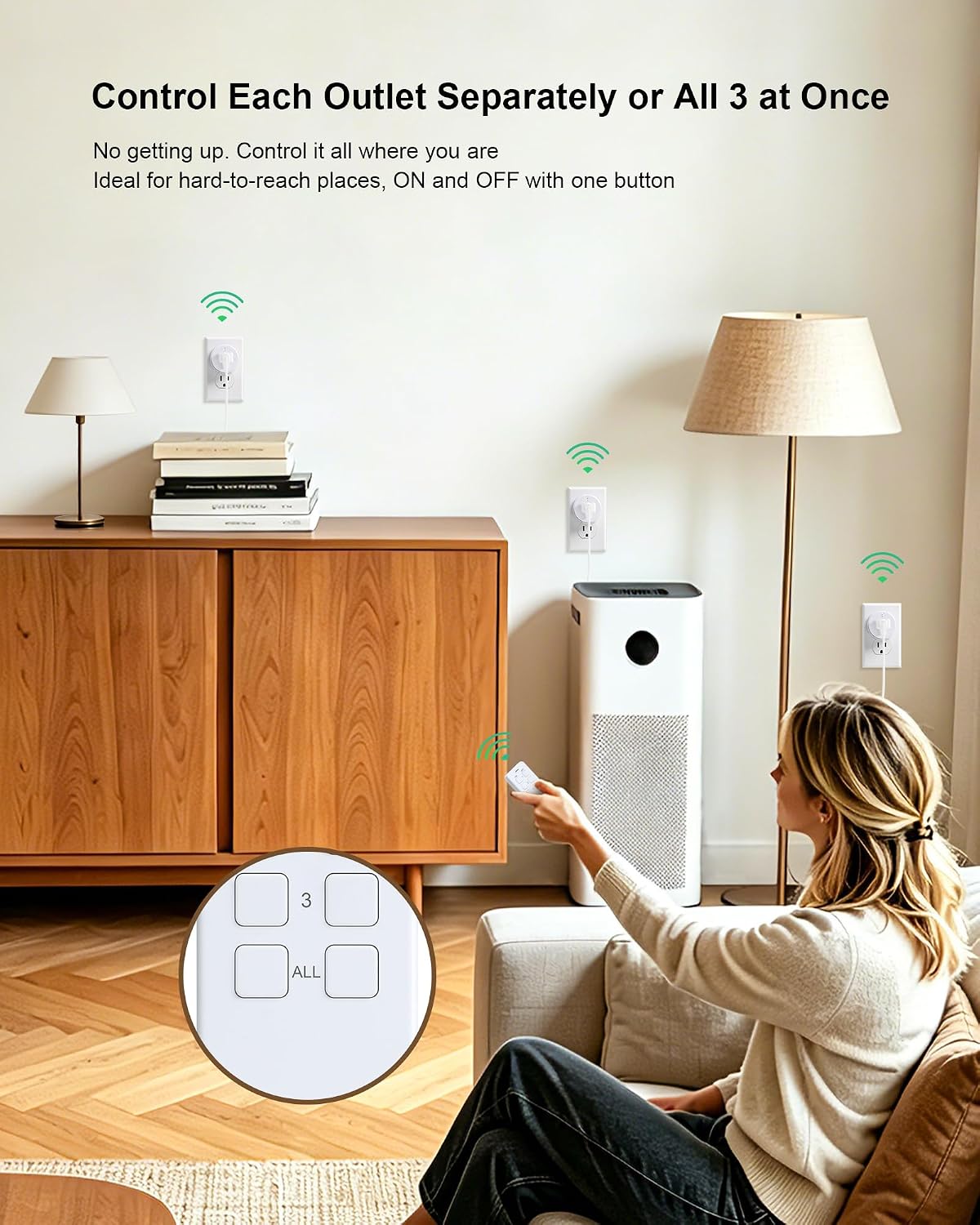 Remote Control Outlet with All ON/Off Portable Magnetic Switch | 200FT Wireless Range, Mini Round Outlet Plug, 15A/1875W, for Lamps/Lights/Household Appliances, FCC listed, Pre-Programmed