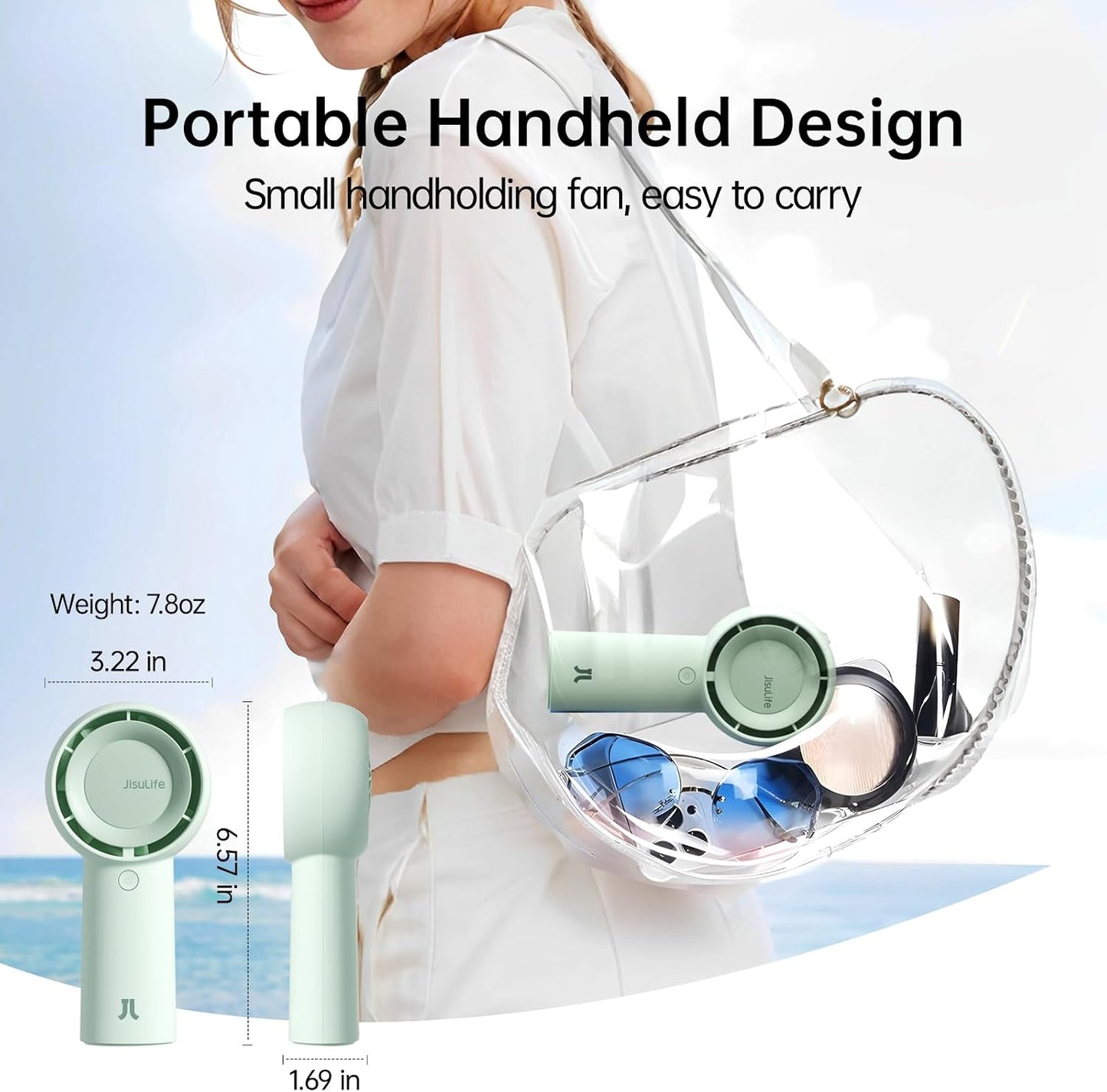 JISULIFE Portable Handheld Turbo Fan Rechargeable 4000mAh 5-Speed (Green) | Up to 16H max cooling, Personal Battery Powered Pocket Fan for Travel/Outdoor/Vacation/Concerts, Birthday Gifts for Women