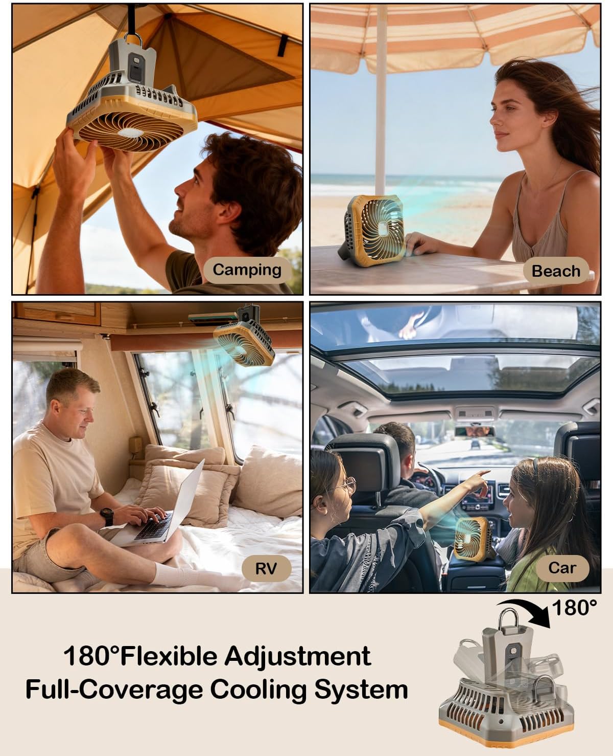 Odoland Portable Camping Fan with LED Lantern, 40H Rechargeable Battery Fan | Quiet Tent Fan with Hanging Hook for RV Car Beach Outdoor Hurricane Emergency Outages, 4-Speed Wind & 3-Color Light, Brown