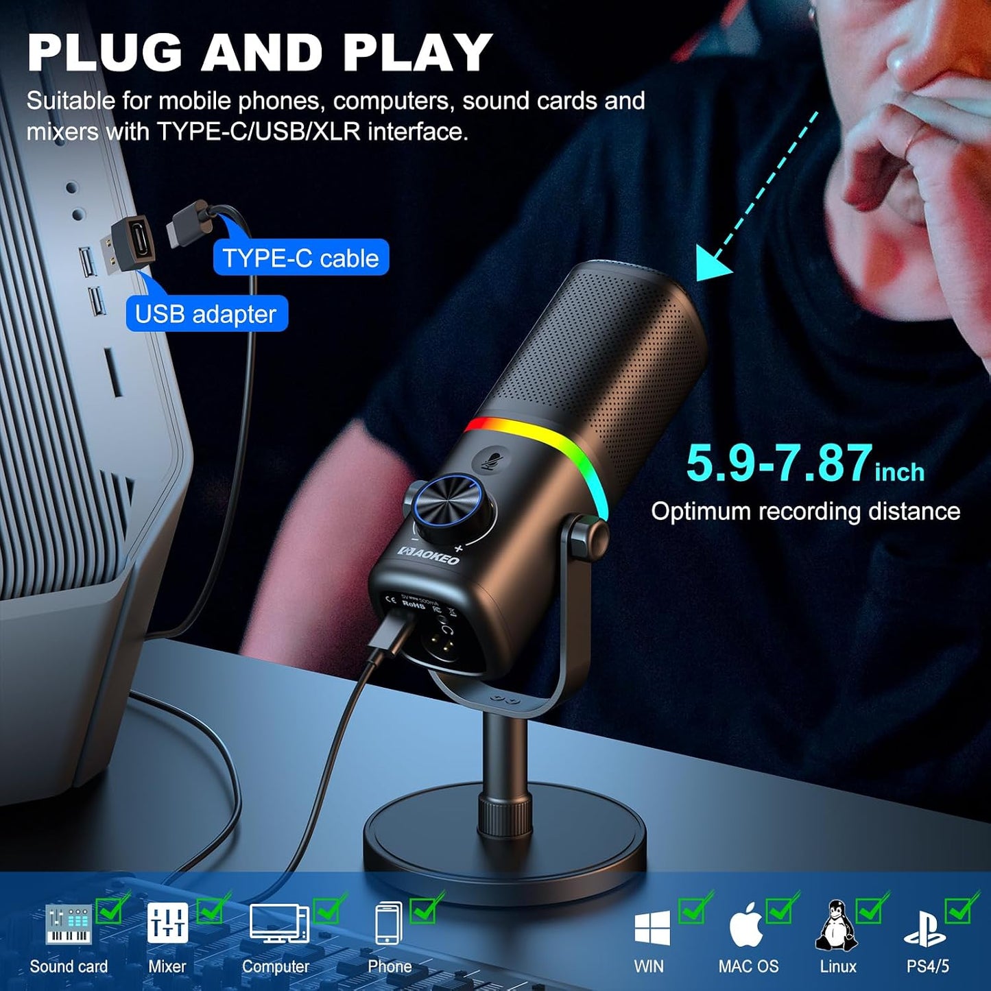 Microphone for PC, AK-10 USB/XLR Dynamic Desktop Microphone for Gaming,Podcast,Streaming with RGB Light,Volume Control,Mute Button,Noise Reduction