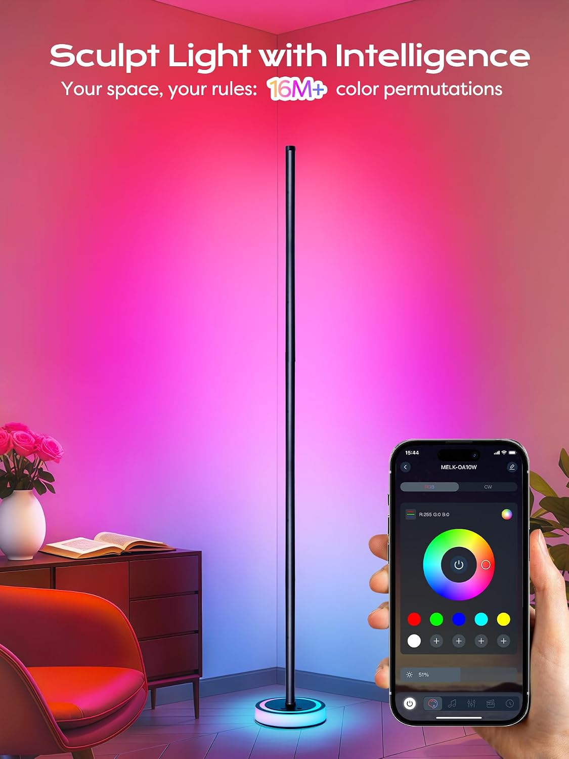 Smart Corner Floor Lamp, RGBICW LED Standing Lamp with App Control, 16 Million Colors with Music Sync, Dimmable Ambient Light for Bedroom, Living Room, Home Decor (Black)
