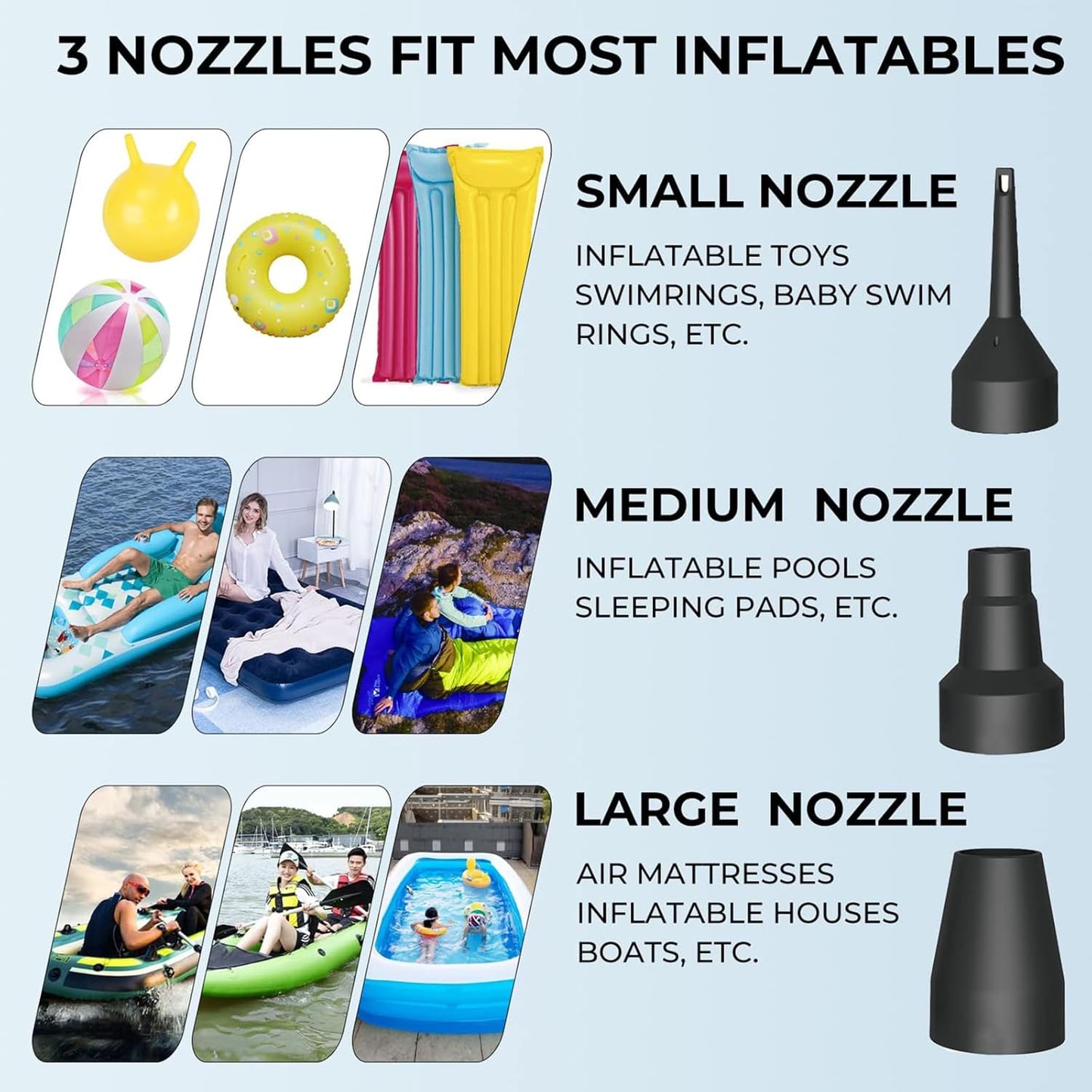 Quick-Fill Electric Air Pump with 3 Nozzles | 2 in 1 Inflator Deflator, Inflatables Pool Float Toys, Indoor Use & Outdoor Camping, AC 110V-120V