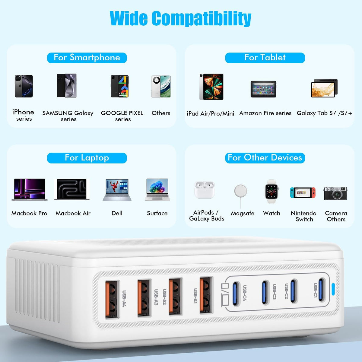 USB C Charger Block,200W GaN 8 Port USB C Charging Station USB Hub Block Cube Type C & USB A Wall Charger Power Adapter for Multiple Devices Apple iPhone 16/15/14,Steam Deck,MacBook Pro/Air,iPad Pro