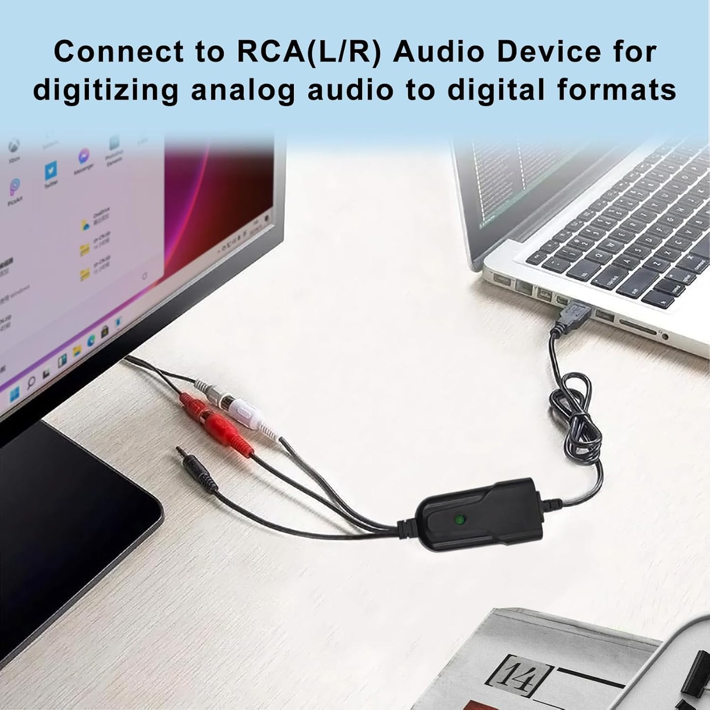 Wiistar USB2.0 Audio Capture Card RCA L/R+3.5mm Audio to USB up to 96kHz | Support Wave/MP3 for Tape MD CD Player Phono Laptop