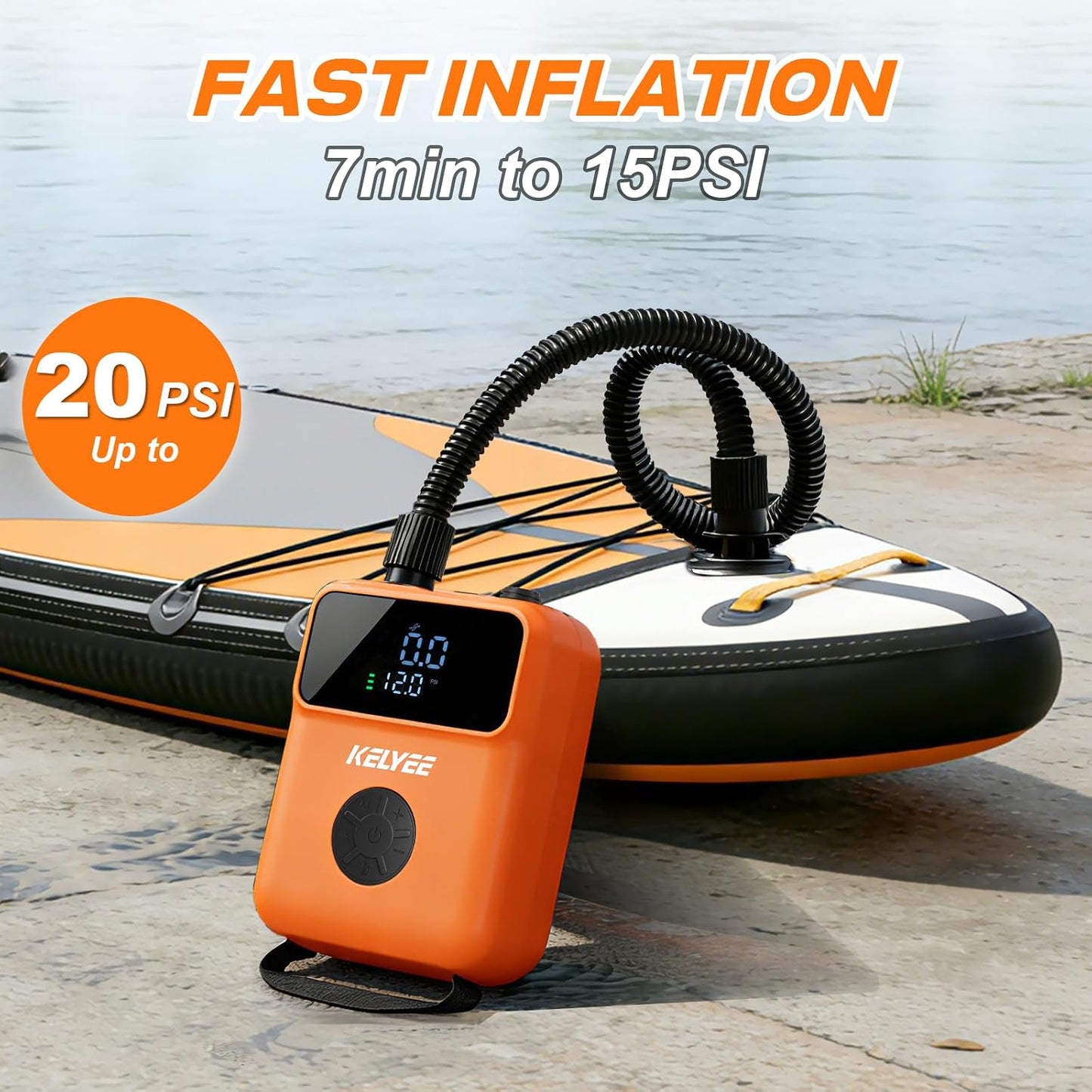 Cordless SUP Air Pump 20PSI Battery Powered, High Pressure Electric Paddle Board Pump with Auto Shut-Off, Fast Inflate/Deflate, USB-C & 12V DC for SUP, Kayak, Boat