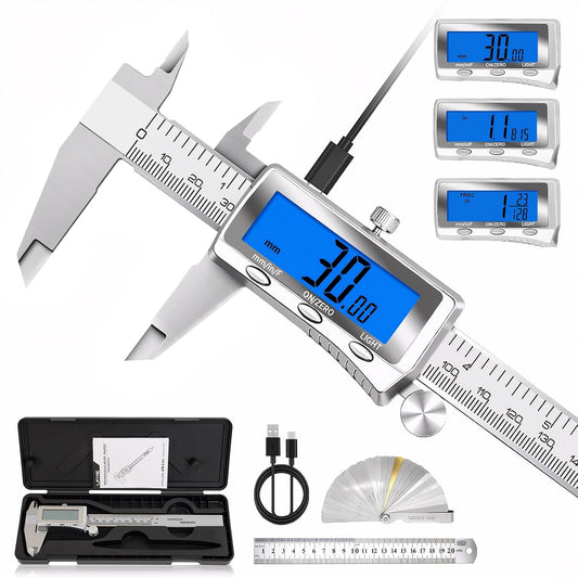 Digital Caliper 6 Inch, Rechargeable Calipers with Backlight LCD Screen, Stainless Steel Caliper Measuring Tool, Auto-Off Micrometer, Inch/MM/Fraction Conversion for 3D-Printing/DIY/Household