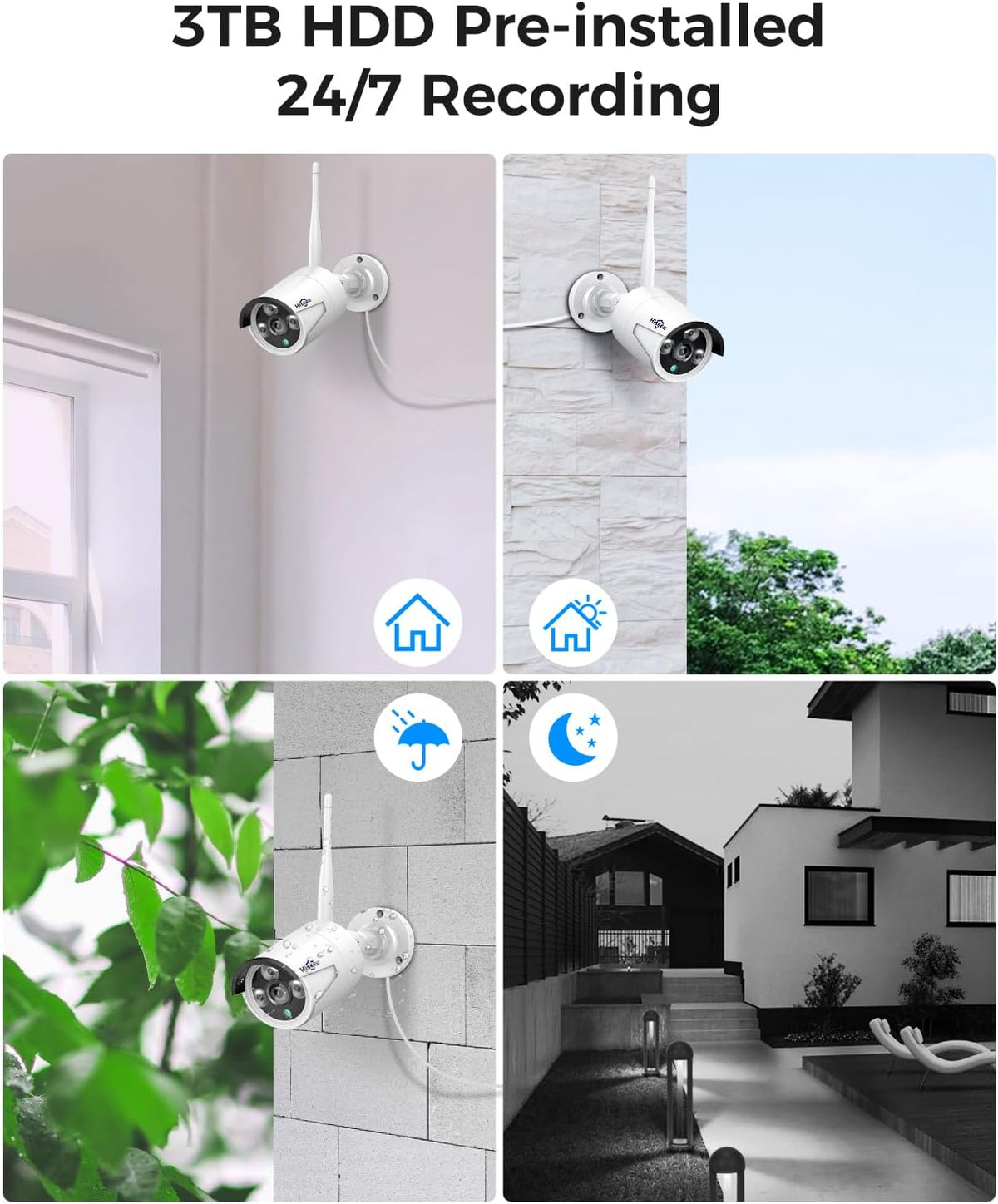 Hiseeu [100ft] Wireless WiFi Security Camera System, Wired Plug-in Powered, Expandable 16CH 4K NVR, 4Pcs 3MP Night Vision Cameras Home Surveillance Outdoor, Motion Detection, 1TB HDD, One-Way Audio