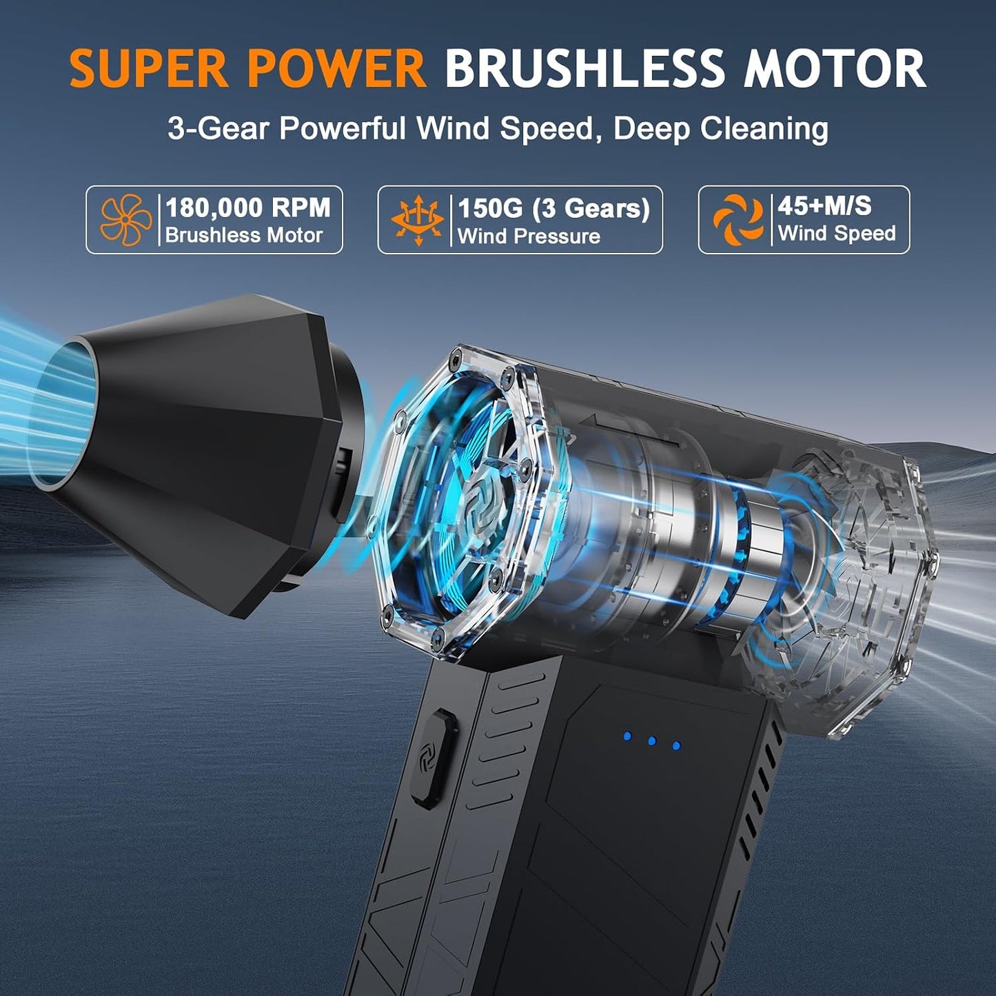 Compressed Air Duster - 180000RPM Powerful Electric Air Duster, 3 Gear Adjustable Cordless Air Blower, Rechargeable Dust Cleaner for Keyboard, Computer, Home, Outdoor, Car