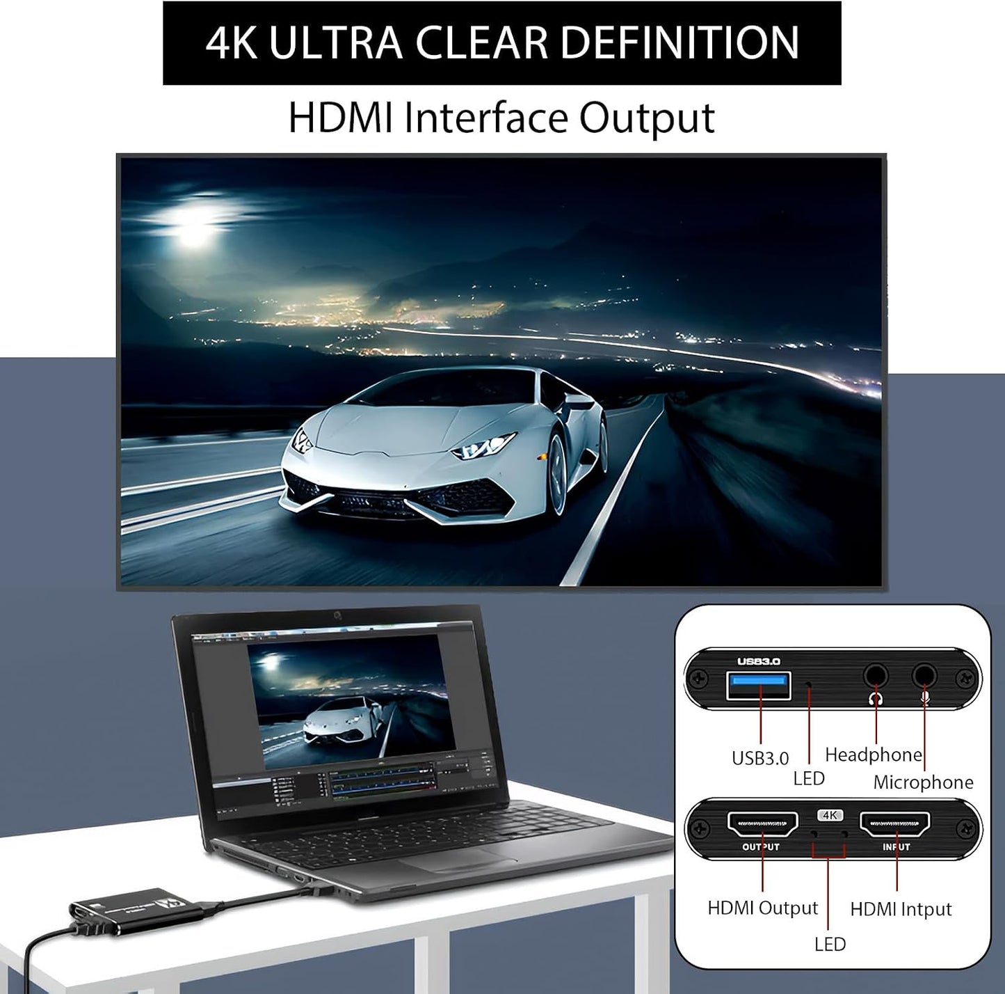 4K HDMI Video Capture Card for Streaming, 1080P 60FPS USB 3.0 Game Capture Device with Audio, Zero-Lag Capturadora De Video for Nintendo Switch PS5 Xbox PC OBS Live Recording