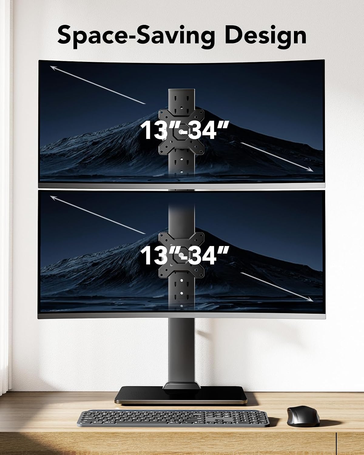 HUANUO Dual Monitor Stand for 13 to 34 Inch, Max Load 44 lbs, Vertical Monitor Mount, Freestanding Monitor Riser with Swivel, Tilt, Rotation, 13 Height Settings, Max VESA 100x100
