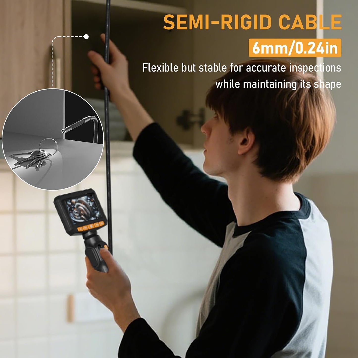 0.24in Two-Way Articulating Borescope, Endoscope Camera with Light | Industrial Inspection Camera, 5FT Flexible Semi-Rigid Cable, IP67 Waterproof, 4.3" IPS Screen, Automotive Engines & Plumbing