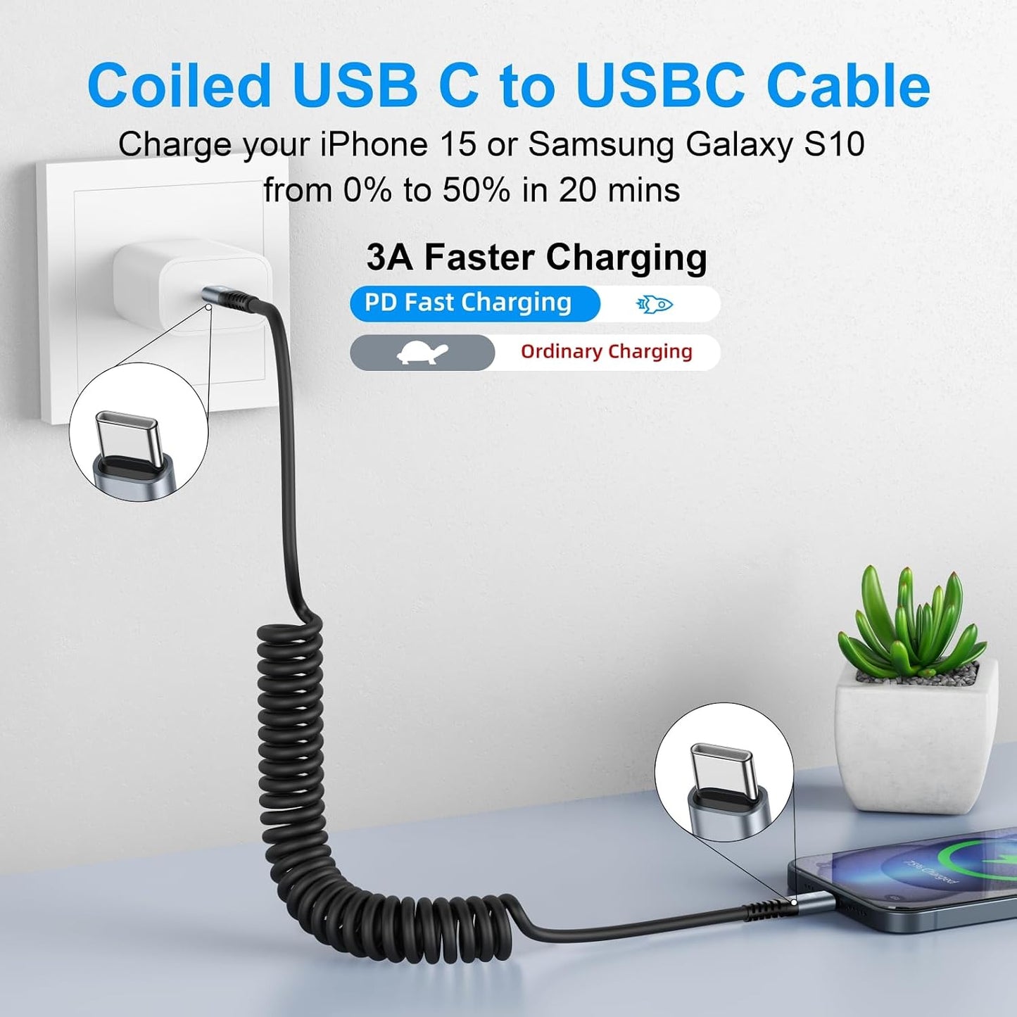 USB C Cable 3ft 2Pack USB C to USB C Charger Cable for Car, Coiled Type C | Fast Charging Cable Carplay Android Auto Type C Fast Charging Cable for iPhone 17/16/ 15/Pro Max/Samsung Galaxy S26 and More